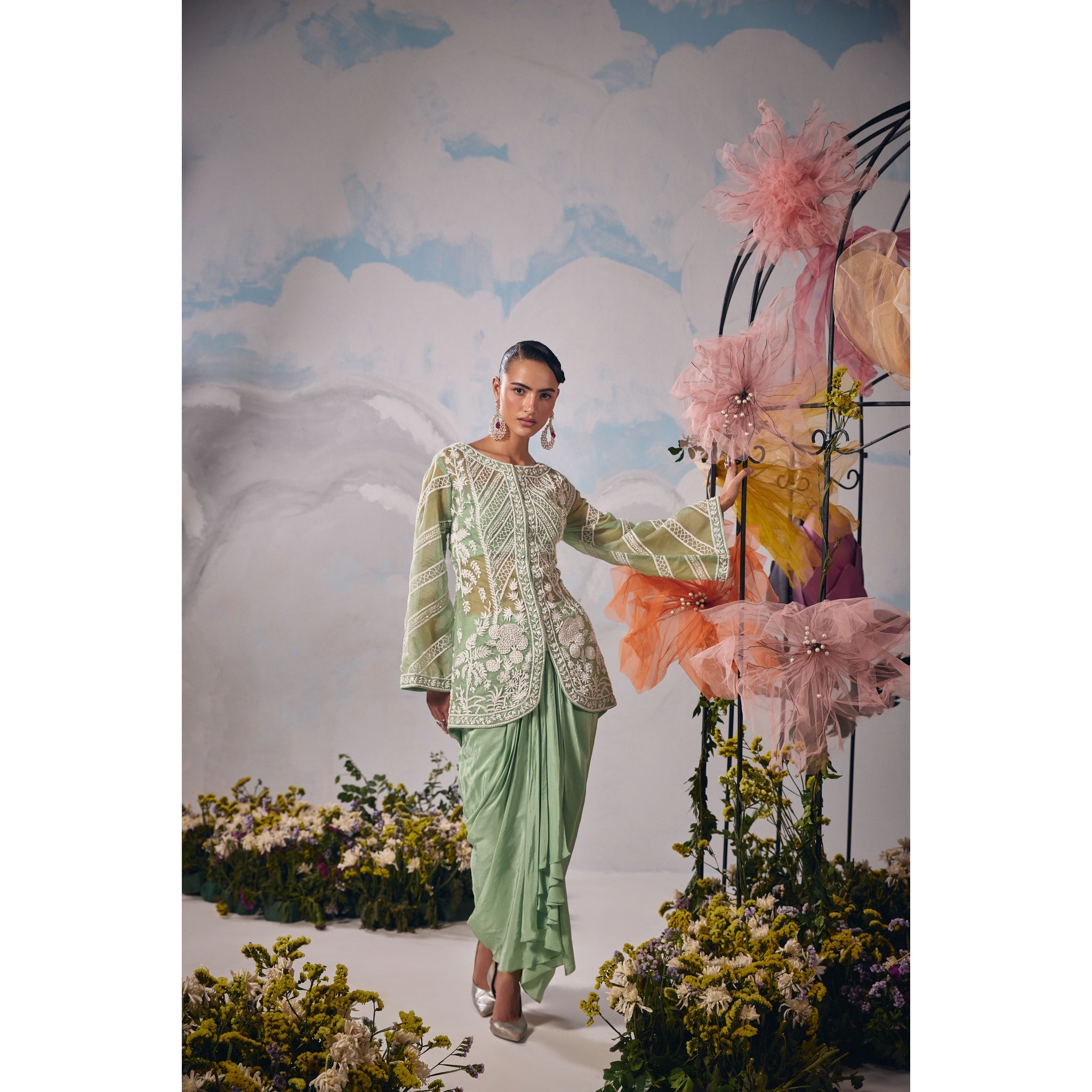 Sea green dori embroidery jacket with drape dhoti and bustier
