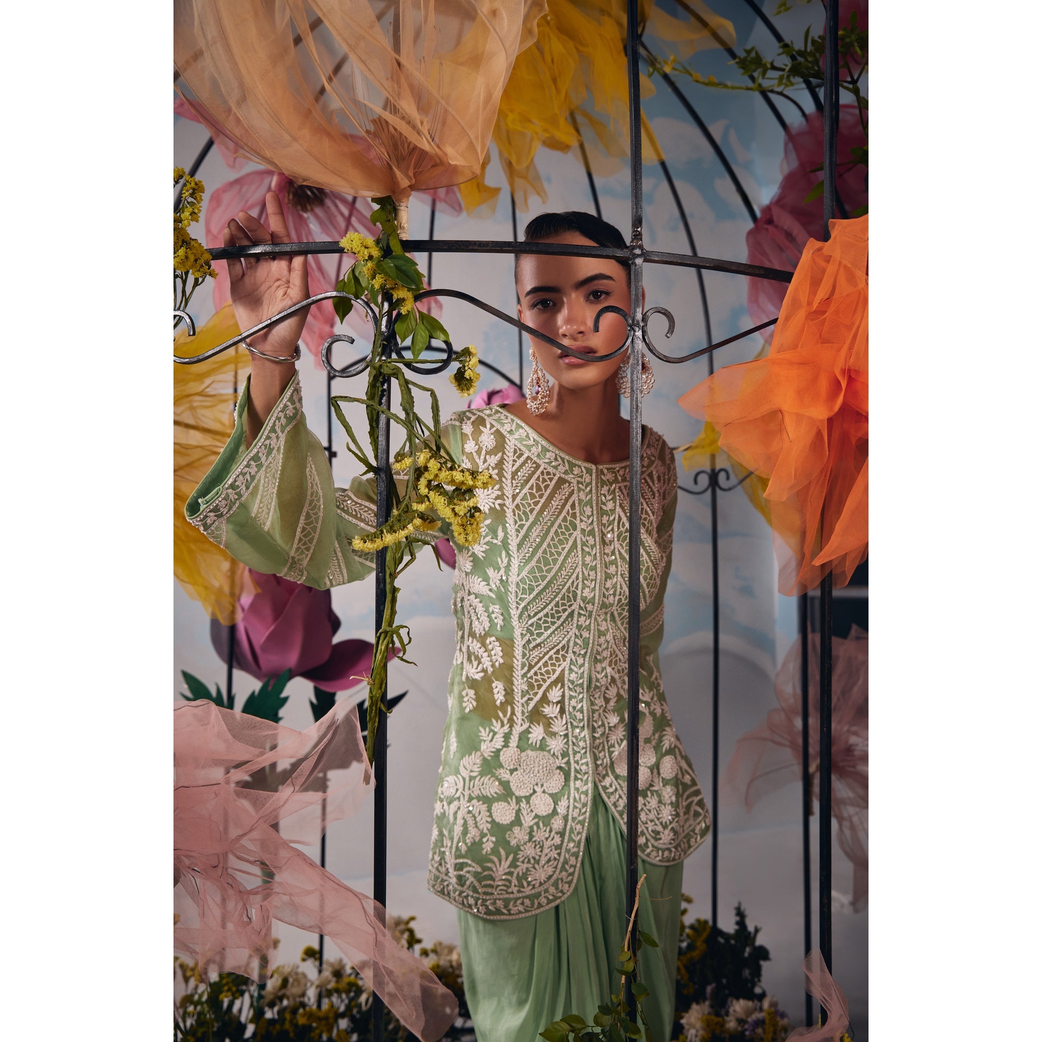 Sea green dori embroidery jacket with drape dhoti and bustier