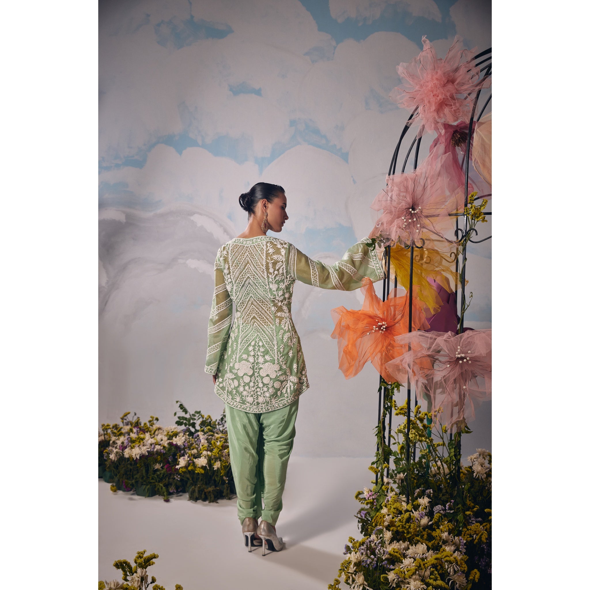 Sea green dori embroidery jacket with drape dhoti and bustier
