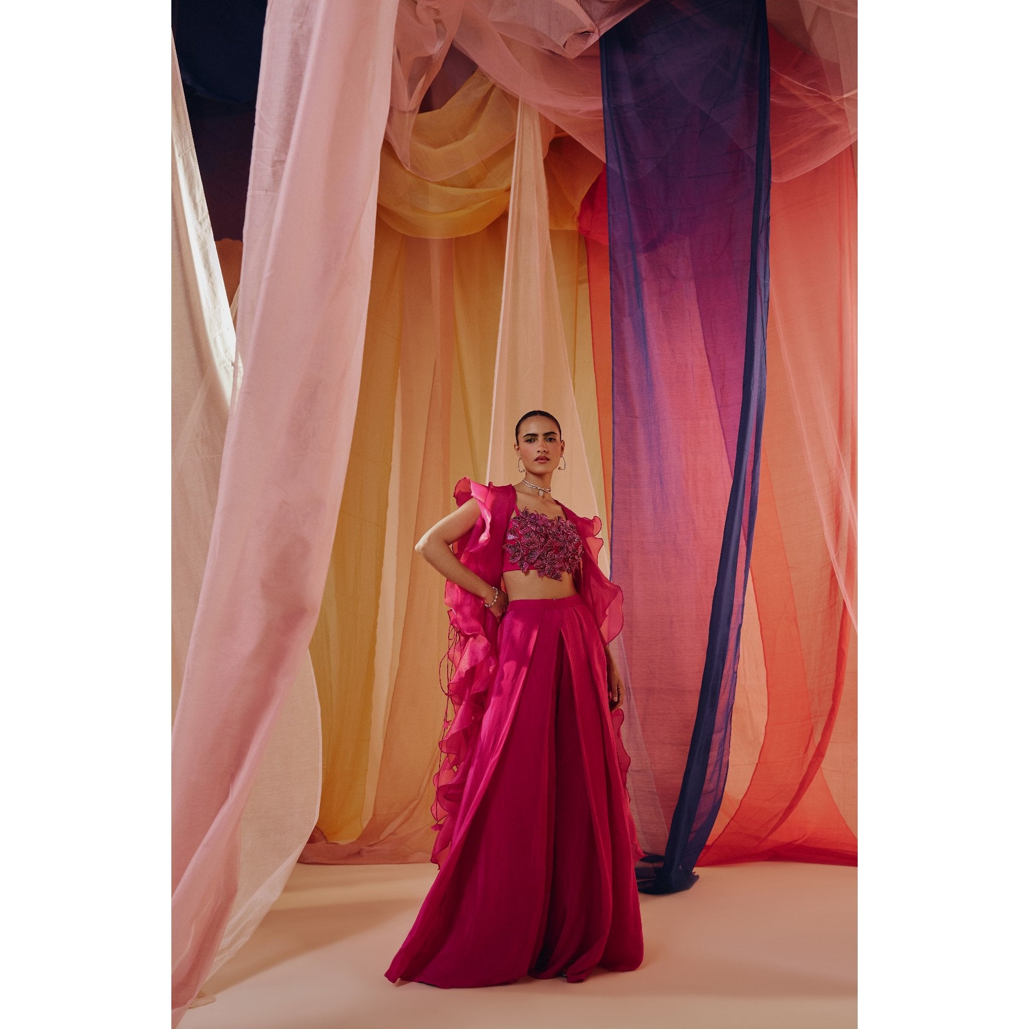 HOT PINK 3D EMBROIDERED BLOUSE WITH RUFFLE CAPE AND DRAPE PANTS