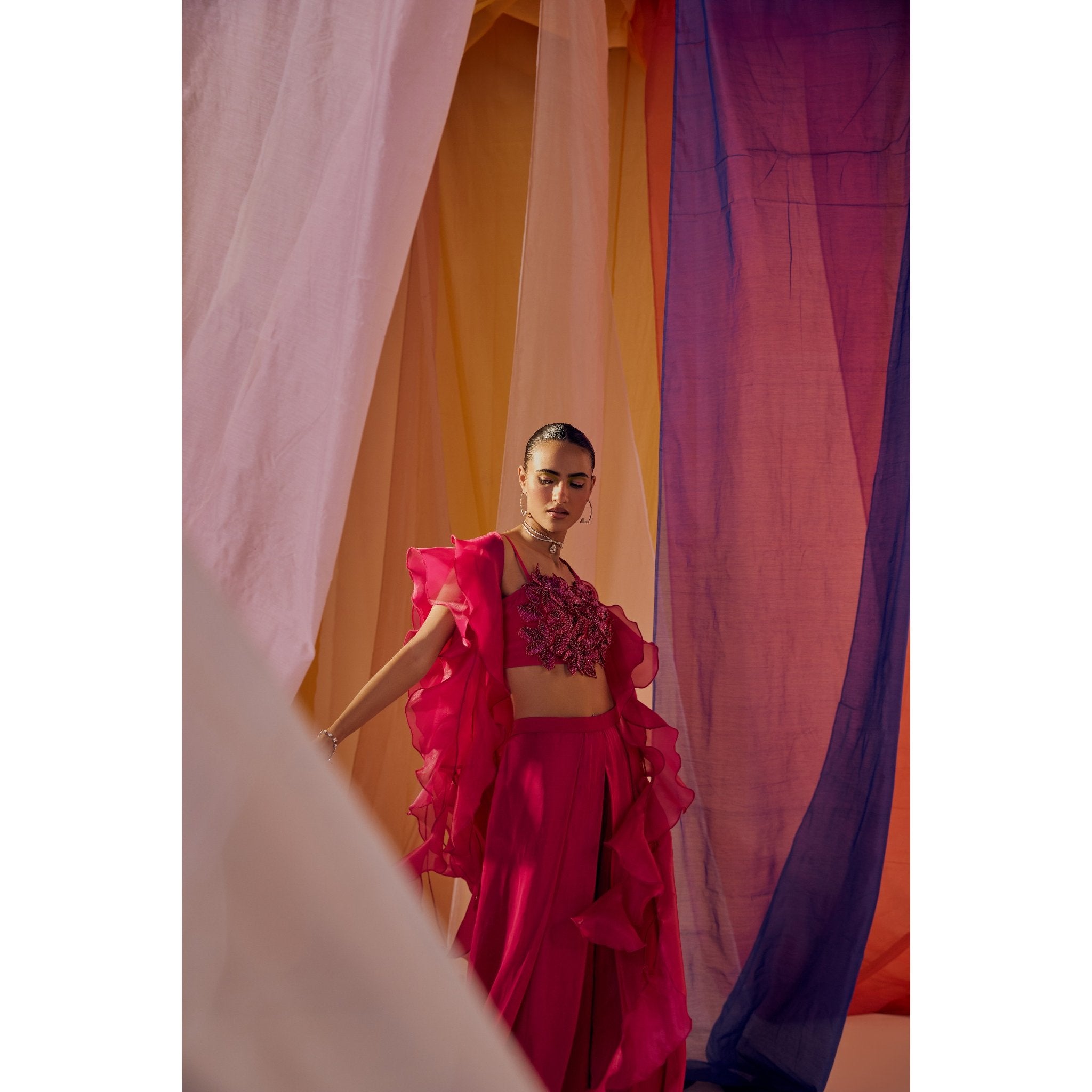 HOT PINK 3D EMBROIDERED BLOUSE WITH RUFFLE CAPE AND DRAPE PANTS