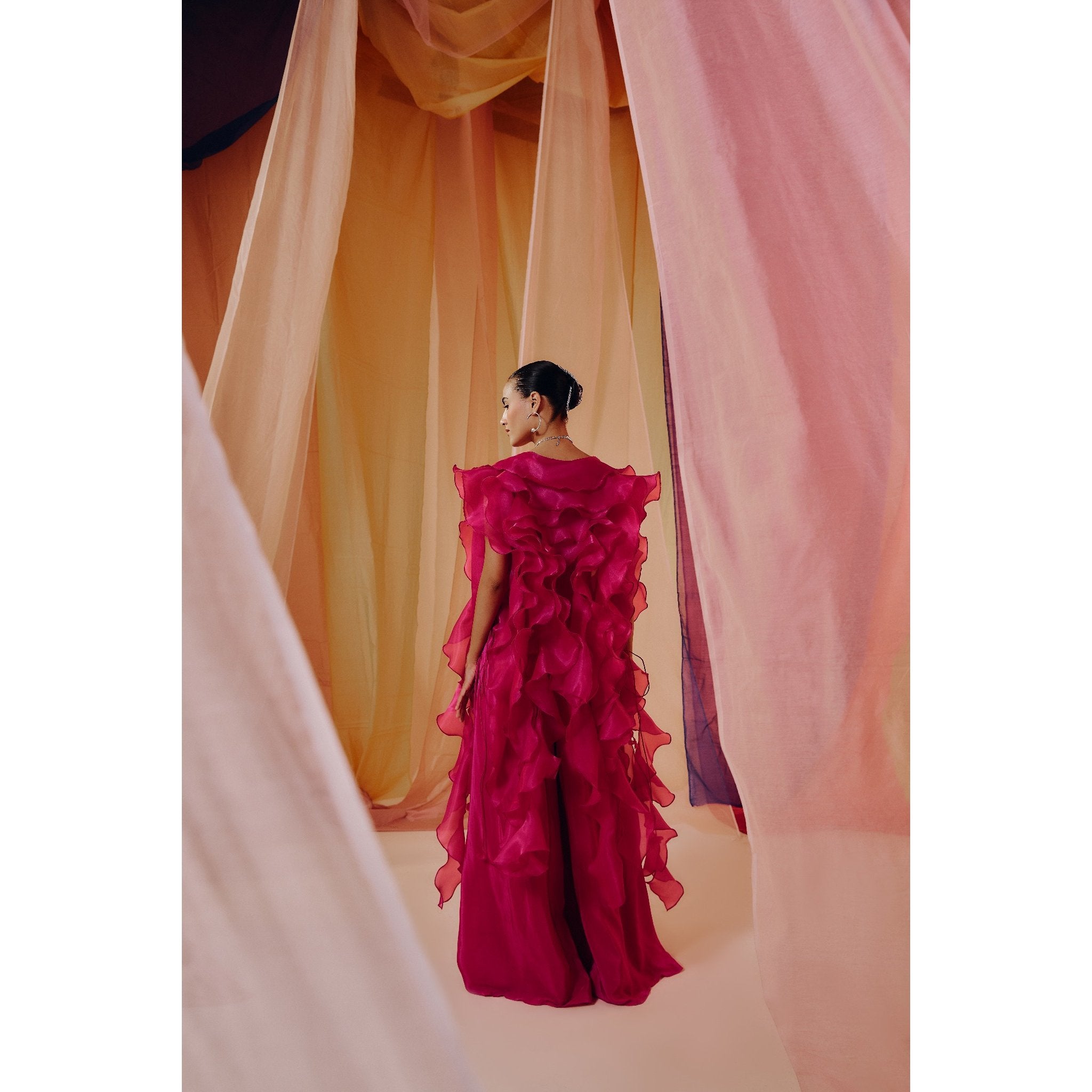 HOT PINK 3D EMBROIDERED BLOUSE WITH RUFFLE CAPE AND DRAPE PANTS