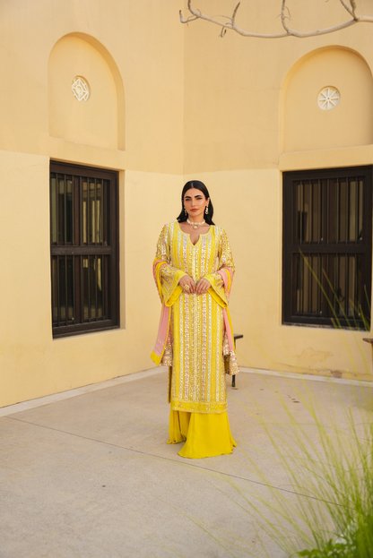 SUNSHINE YELLOW MULTI-COLOUR PARISAA LONG KURTA WITH SHARARA