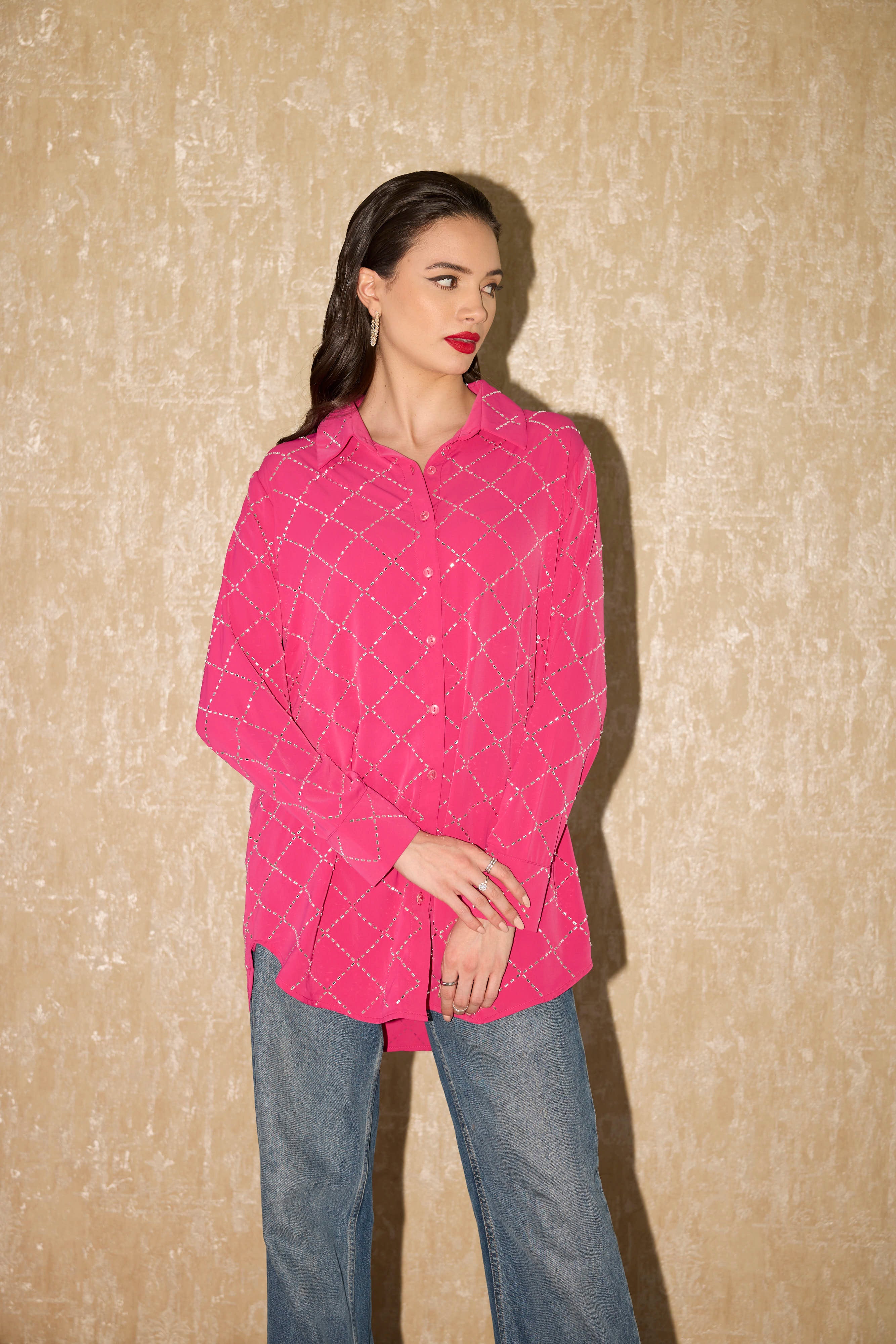 PINK CRYSTAL CRISS CROSS SHIRT