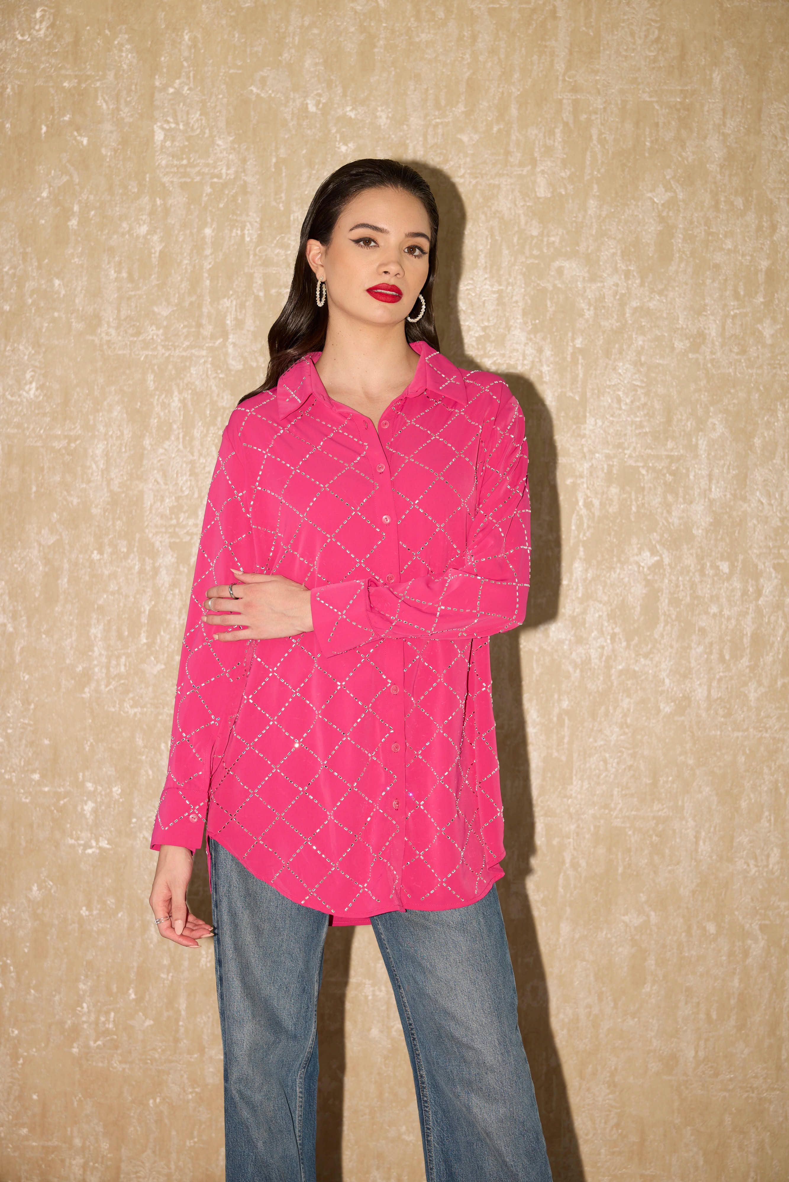 PINK CRYSTAL CRISS CROSS SHIRT