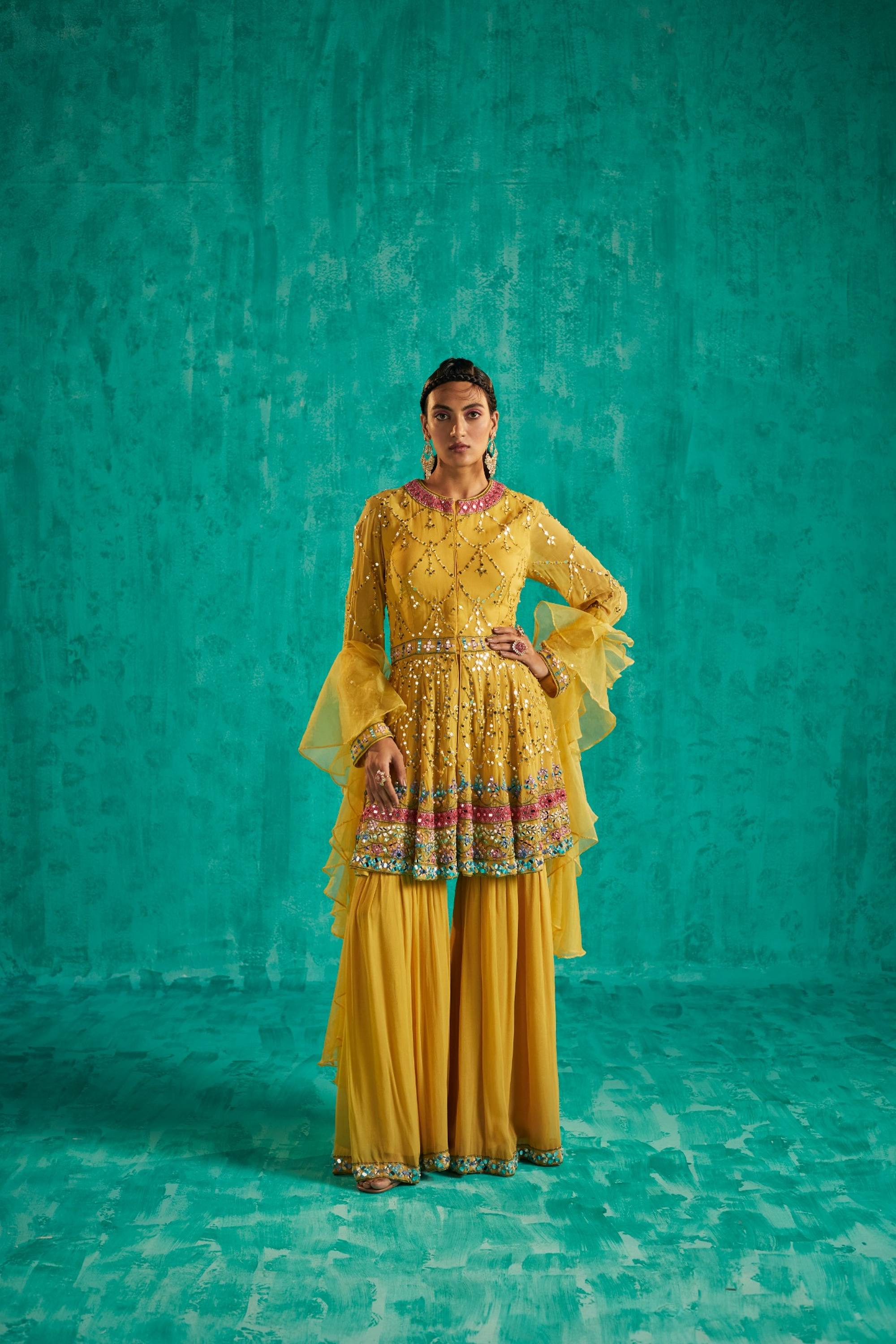 TRADITIONAL SHARARA WITH A MODERN PEPLUM KURTA FINELY EMBELLISHED WITH PATRA AND PEARL EMBROIDERY - S307