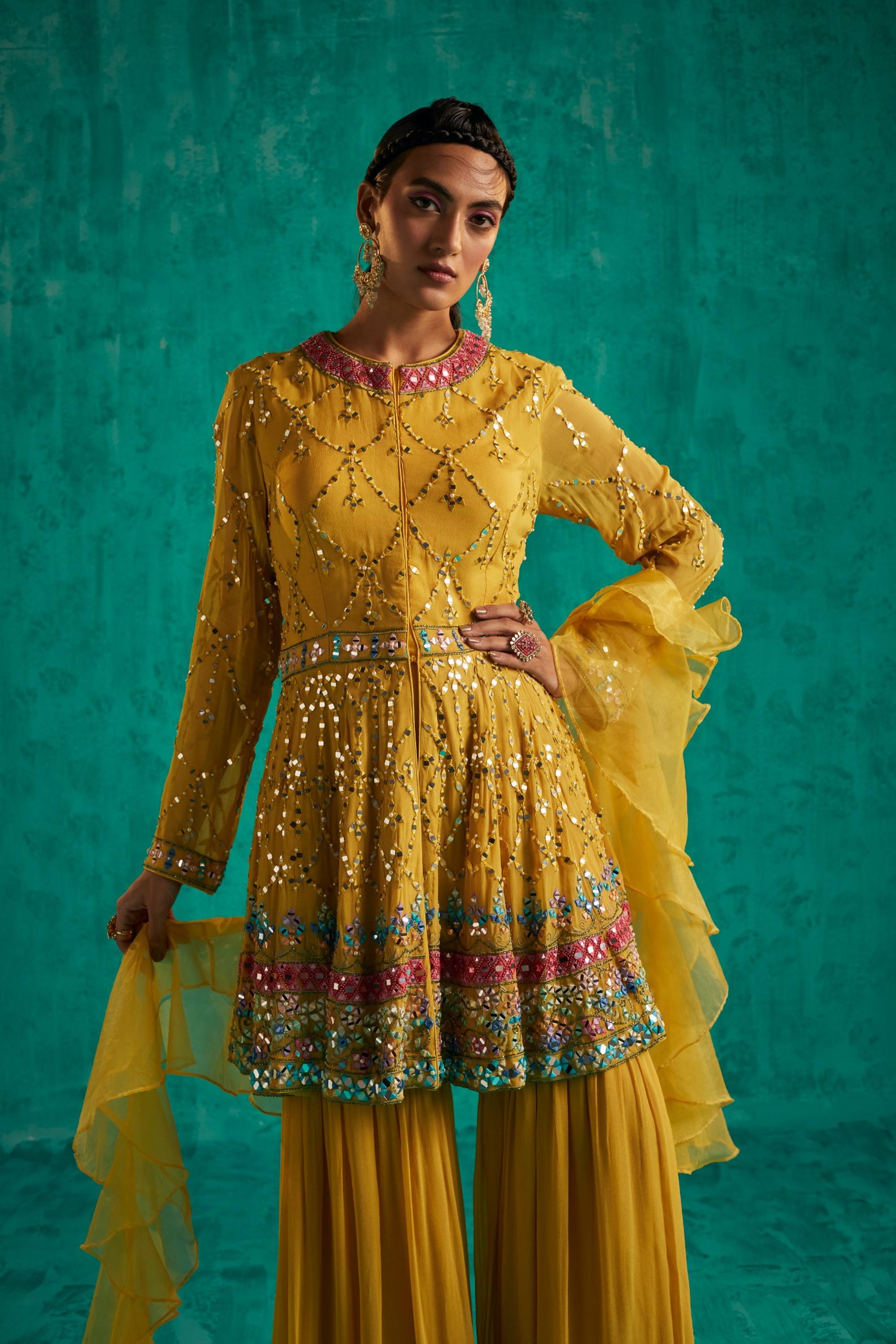 TRADITIONAL SHARARA WITH A MODERN PEPLUM KURTA FINELY EMBELLISHED WITH PATRA AND PEARL EMBROIDERY - S307