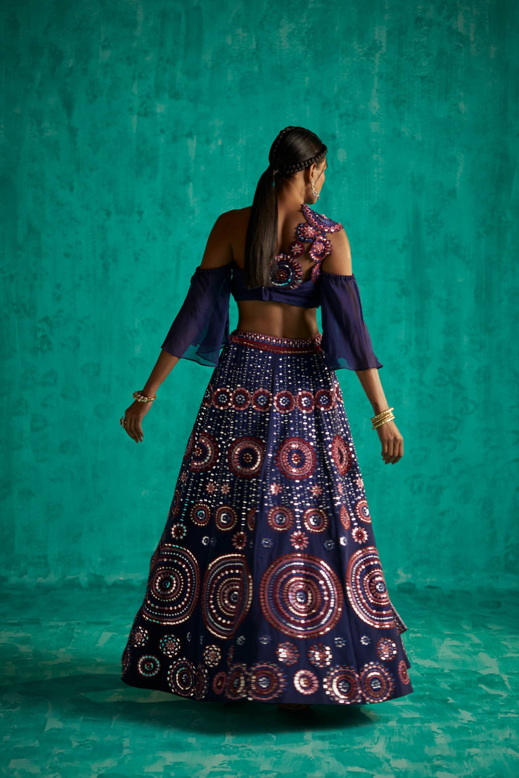 PATRA EMBROIDERED MULTI THREAD LEHENGA PANT WITH RUFFLE BLOUSE AND A RUFFLE DUPATTA - S319