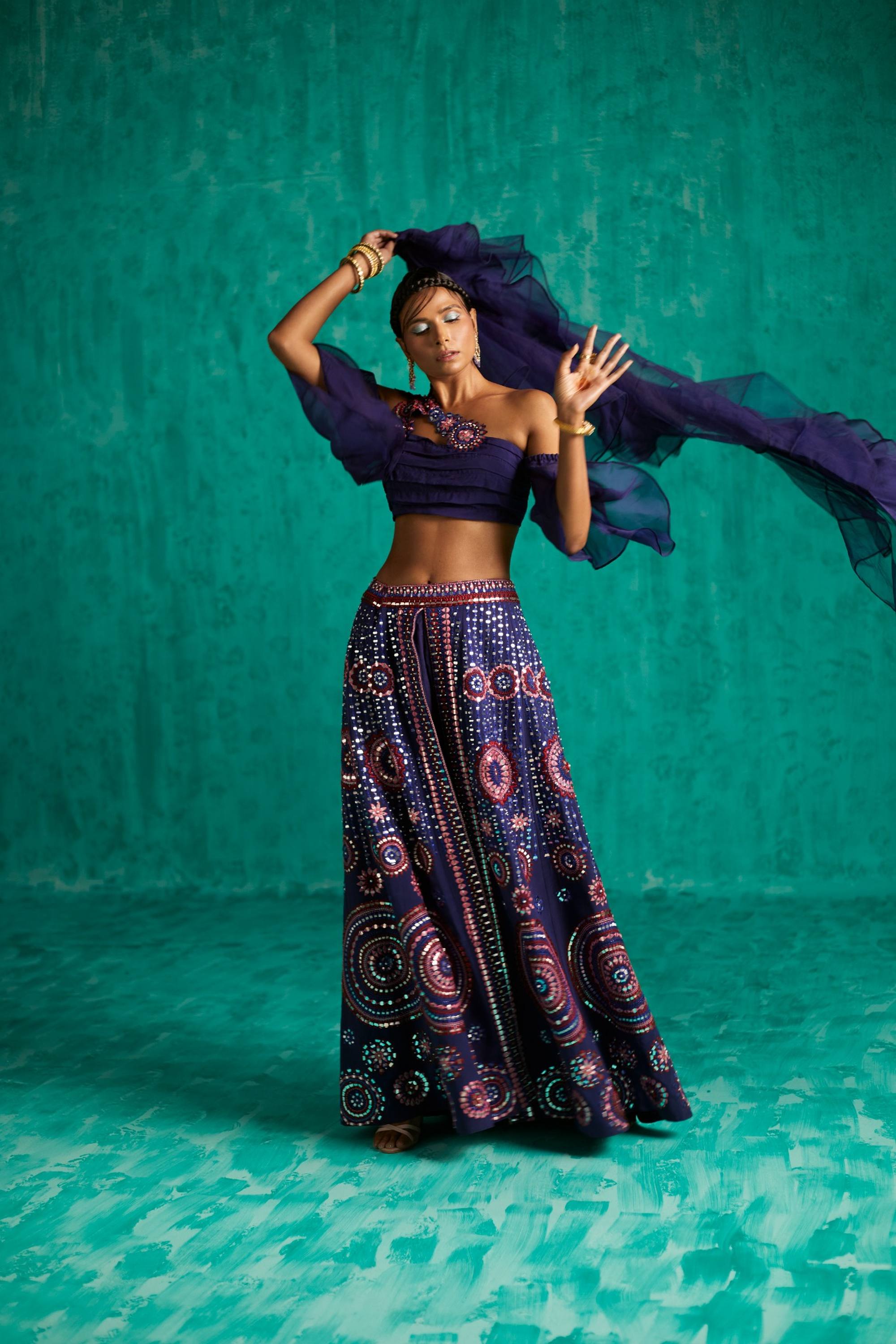 PATRA EMBROIDERED MULTI THREAD LEHENGA PANT WITH RUFFLE BLOUSE AND A RUFFLE DUPATTA - S319