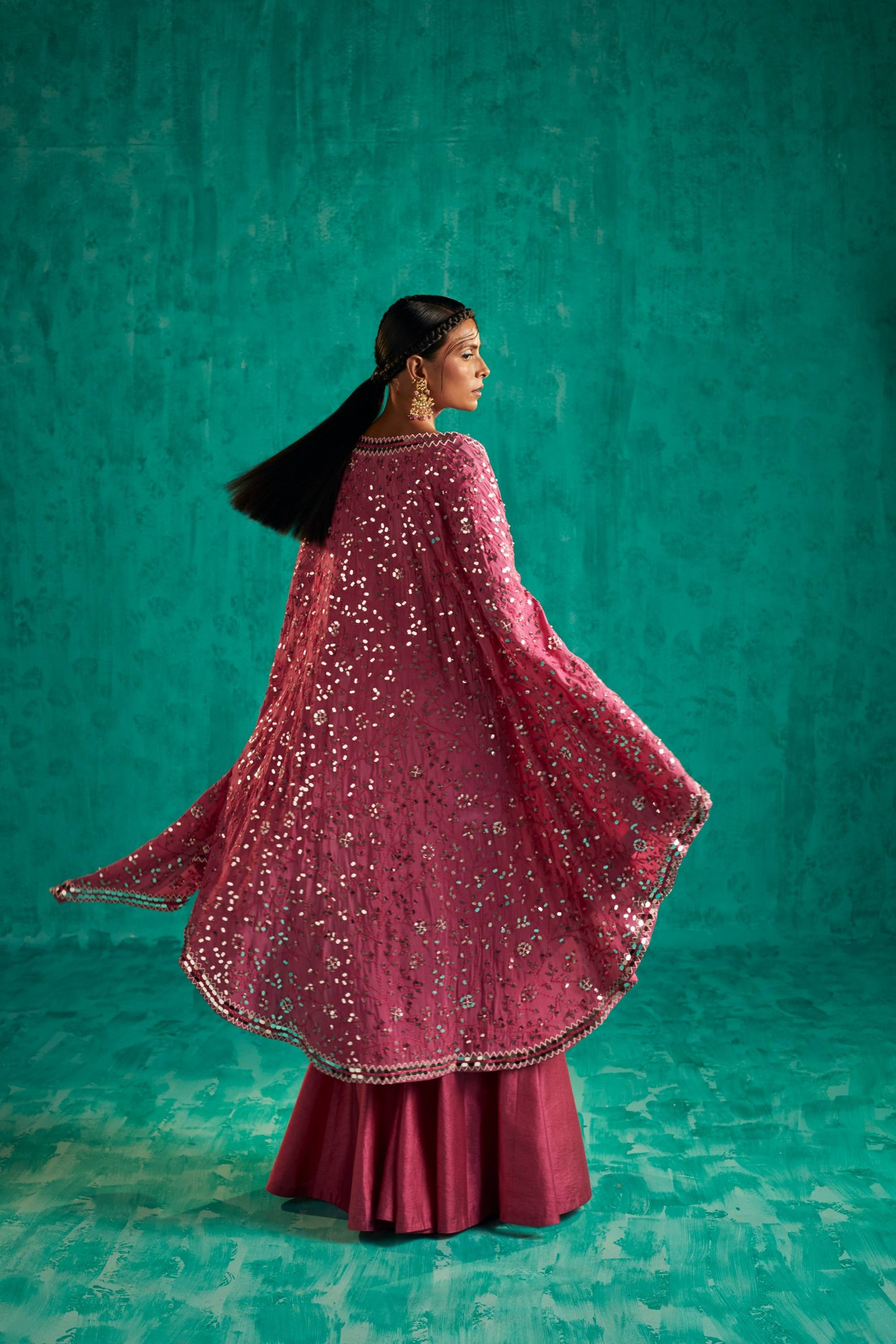 ALL OVER PATRA AND PEARL EMBELLISHED V EDGED CAPE PAIRED WITH BODY ENHANCING SHARARA PANTS AND BUSTIER - S315