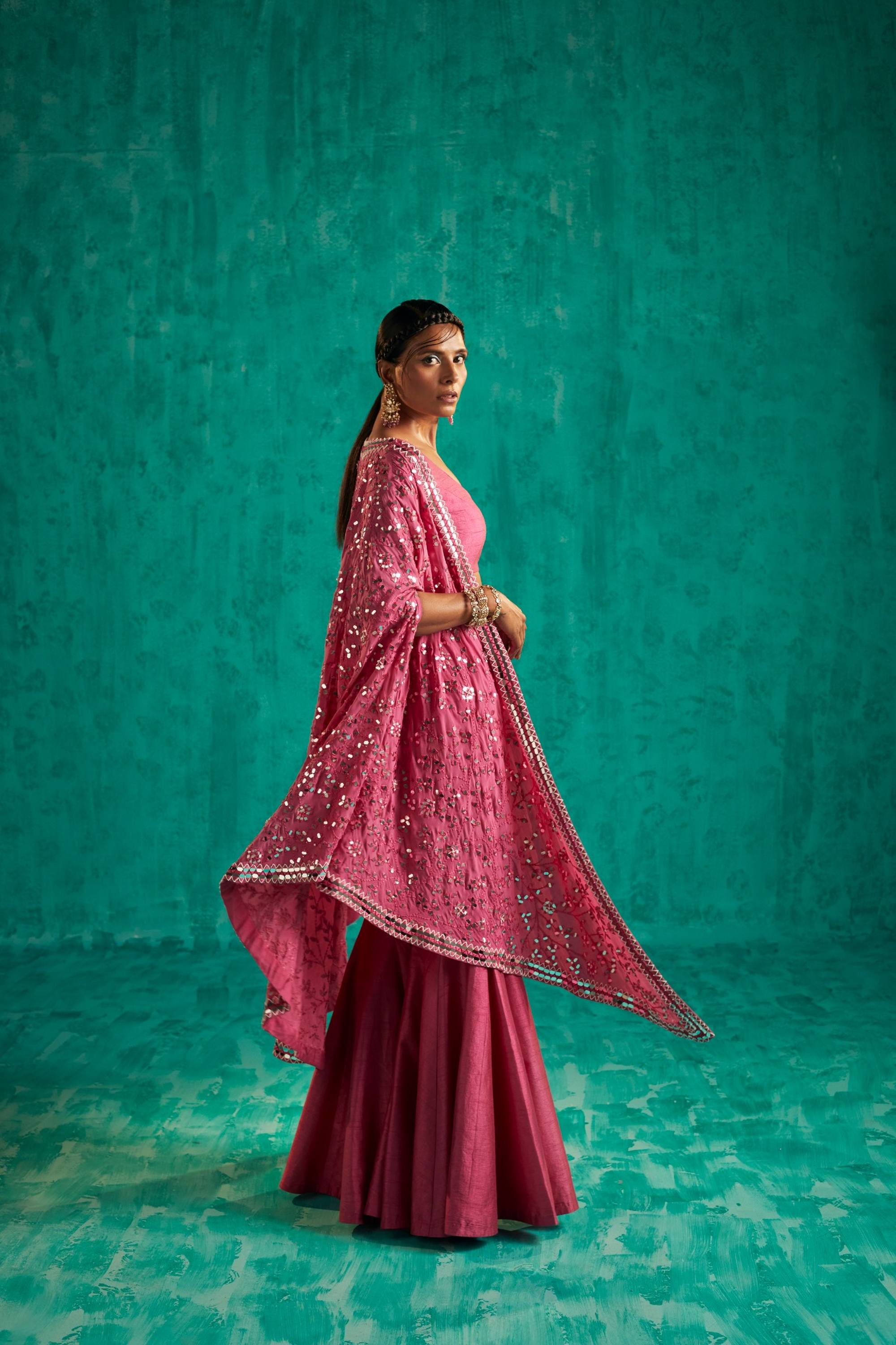 ALL OVER PATRA AND PEARL EMBELLISHED V EDGED CAPE PAIRED WITH BODY ENHANCING SHARARA PANTS AND BUSTIER - S315