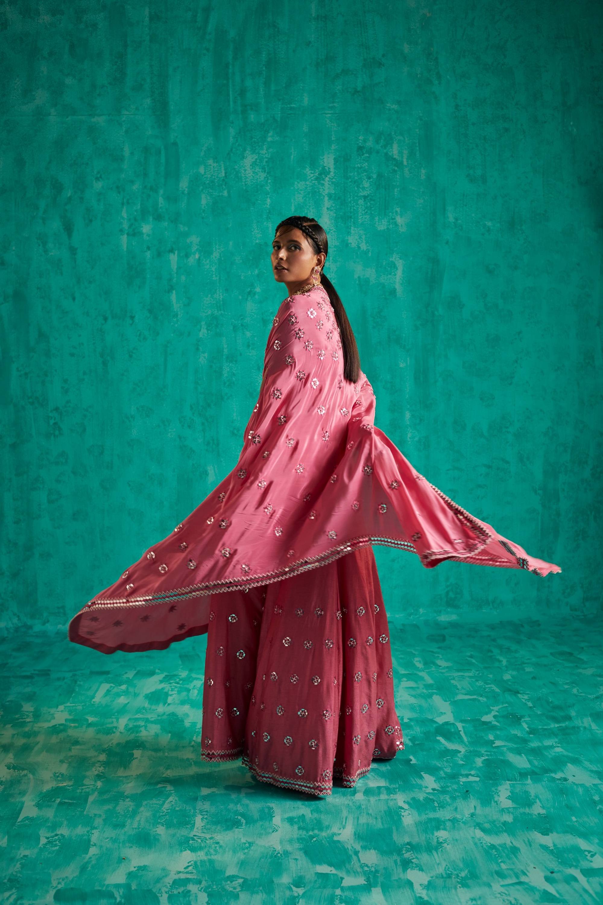 CAPE AND SHARARA SILHOUETTE IN A BEAUTIFUL PINK EMBELLISHED WITH PATRA AND PEARLS - S316