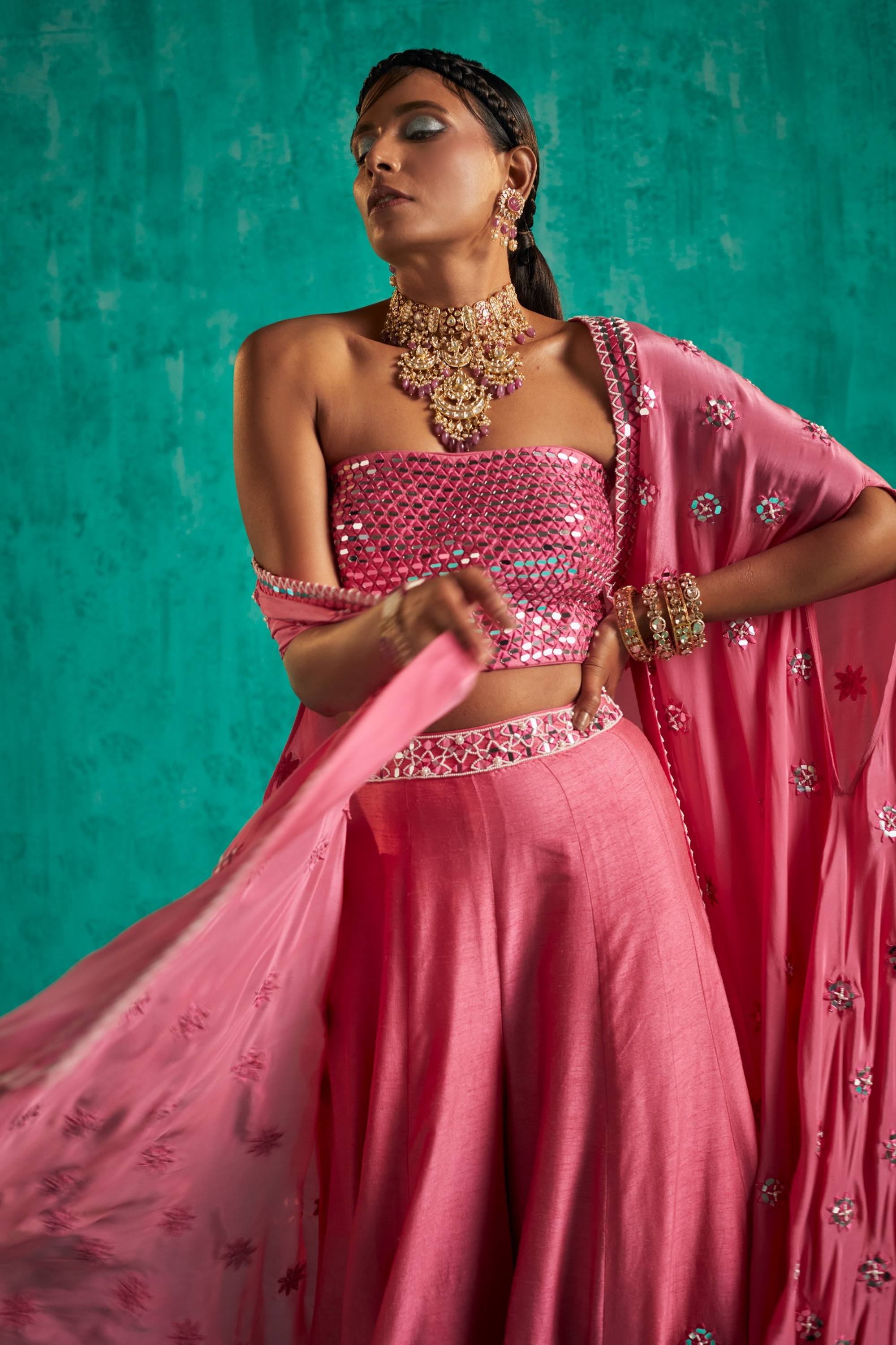 CAPE AND SHARARA SILHOUETTE IN A BEAUTIFUL PINK EMBELLISHED WITH PATRA AND PEARLS - S316
