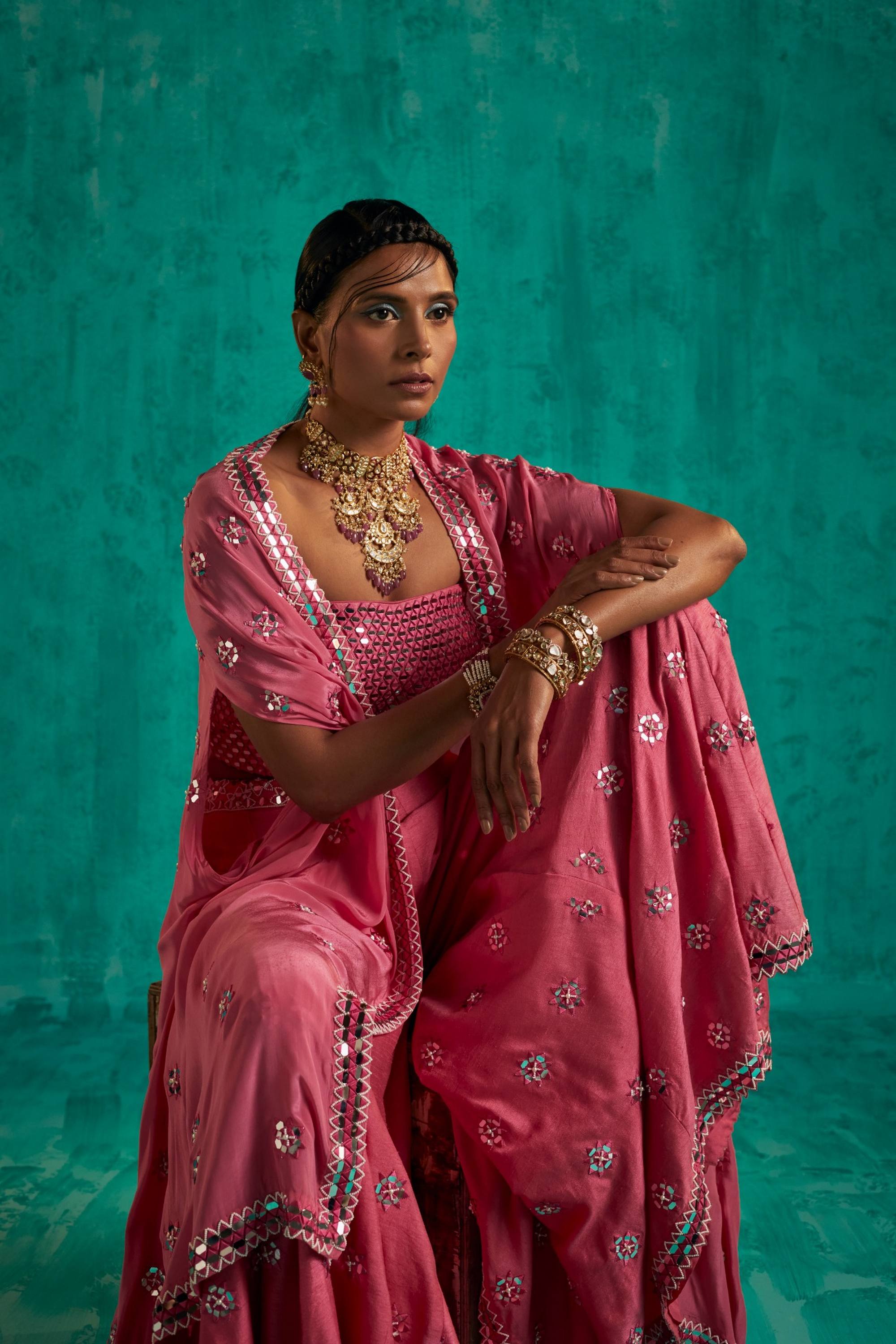 CAPE AND SHARARA SILHOUETTE IN A BEAUTIFUL PINK EMBELLISHED WITH PATRA AND PEARLS - S316