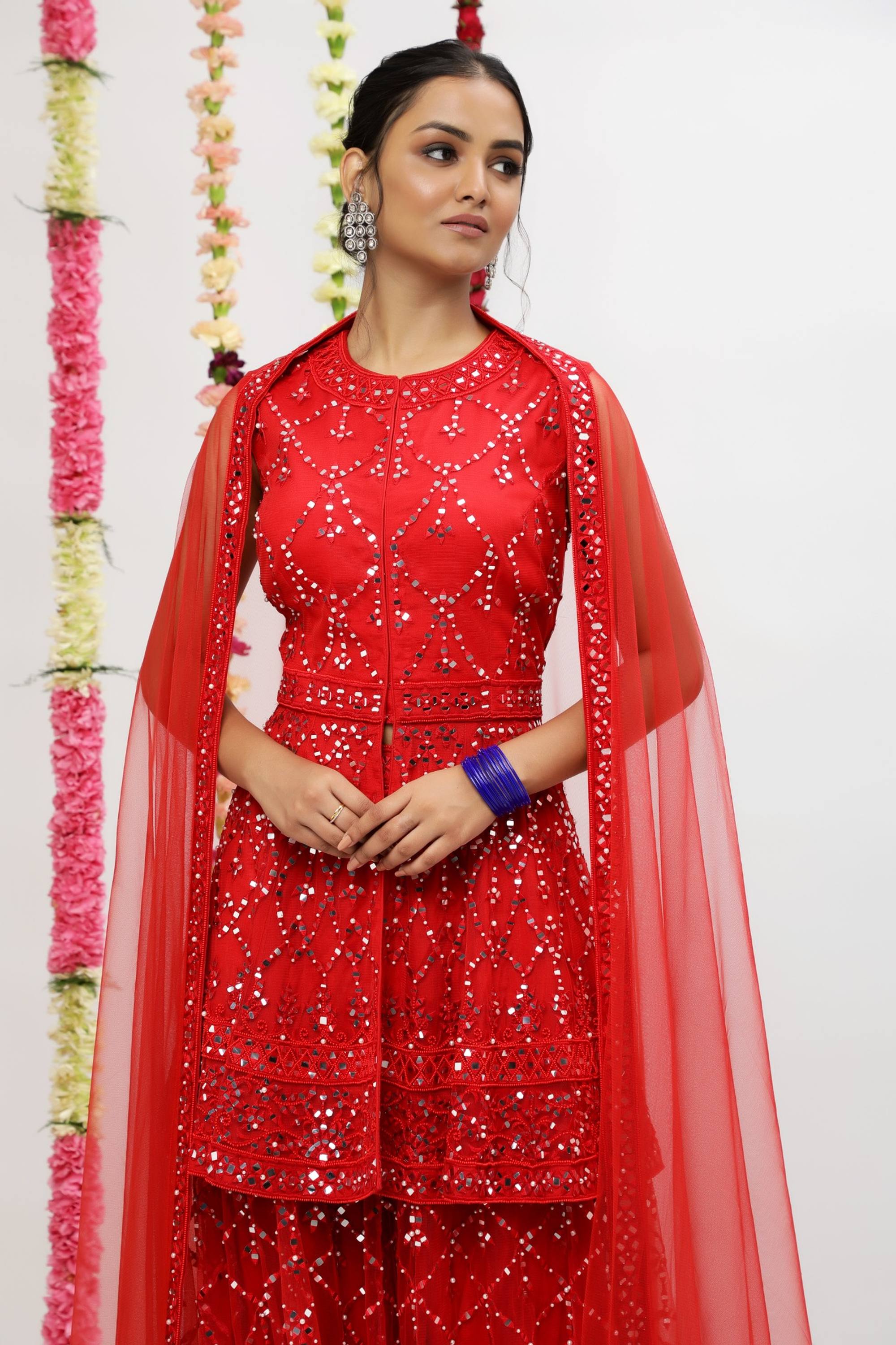 TRADITIONAL SHARARA WITH A MODERN PEPLUM KURTA FINELY EMBELLISHED WITH PATRA AND PEARL EMBROIDERY - S189