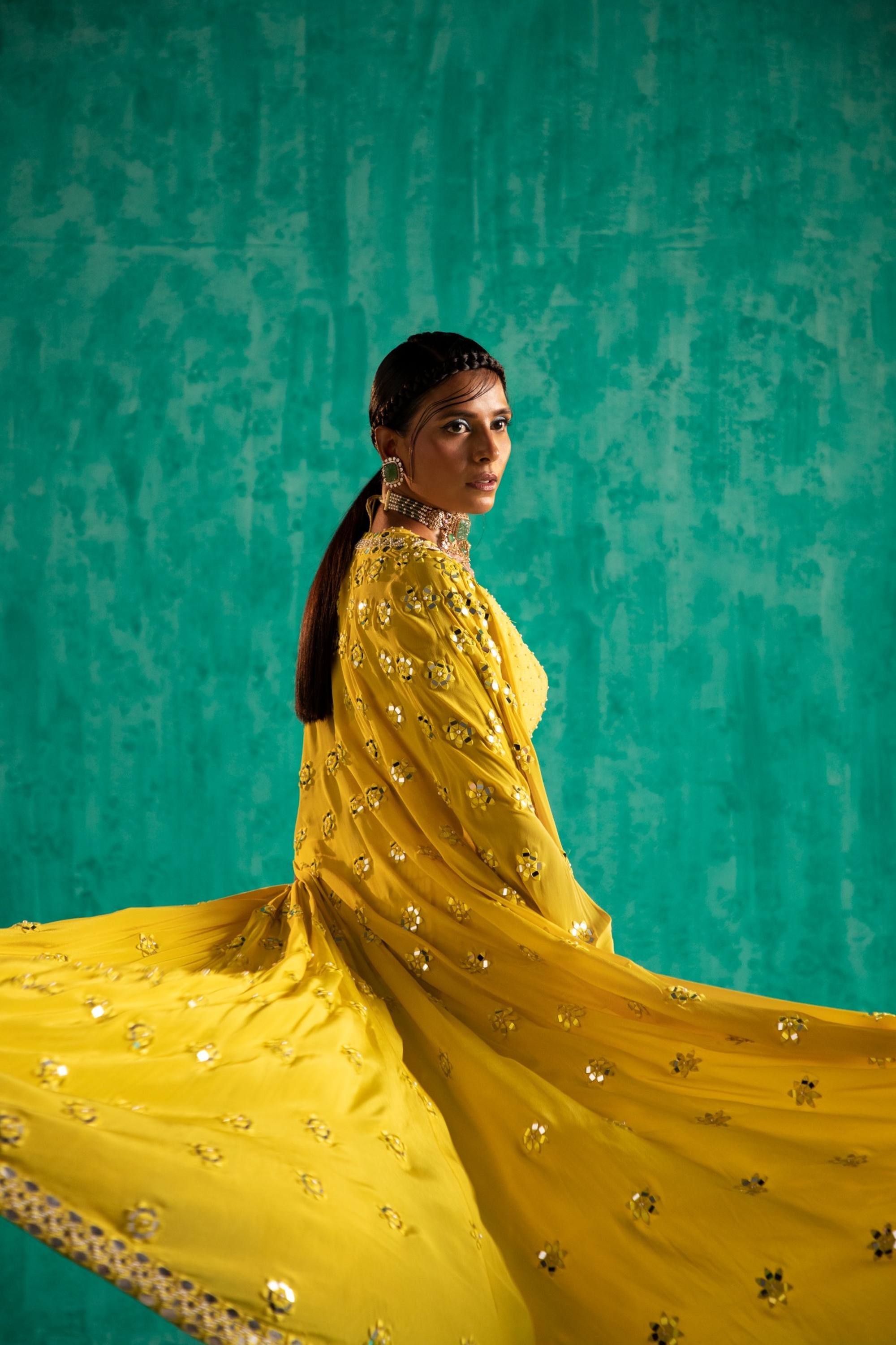 STRIKING YELLOW SHARARA WITH CAPE OUTFIT. INTRICATELY EMBELLISHED WITH PATRA AND PEARLS - S317