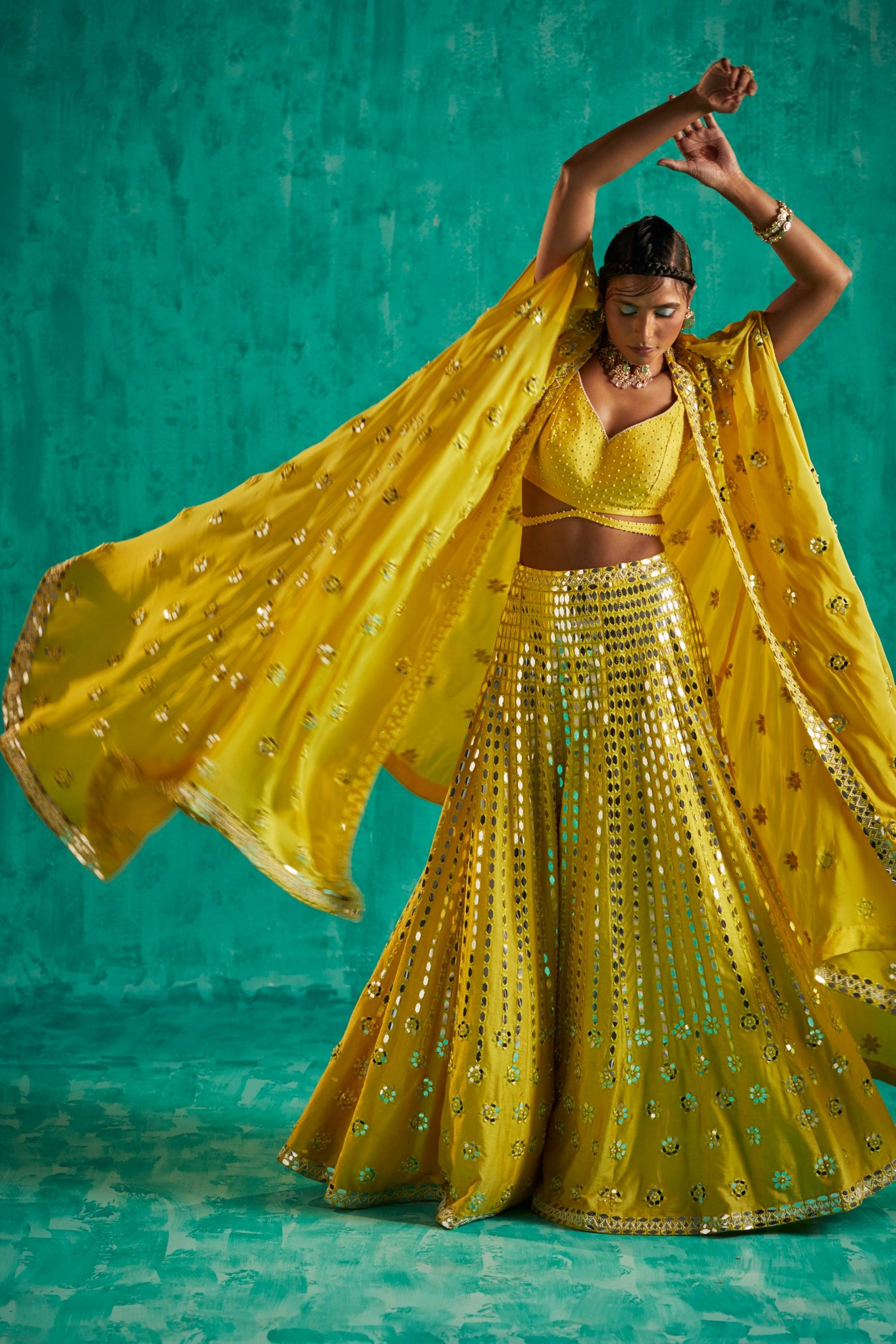 STRIKING YELLOW SHARARA WITH CAPE OUTFIT. INTRICATELY EMBELLISHED WITH PATRA AND PEARLS - S317
