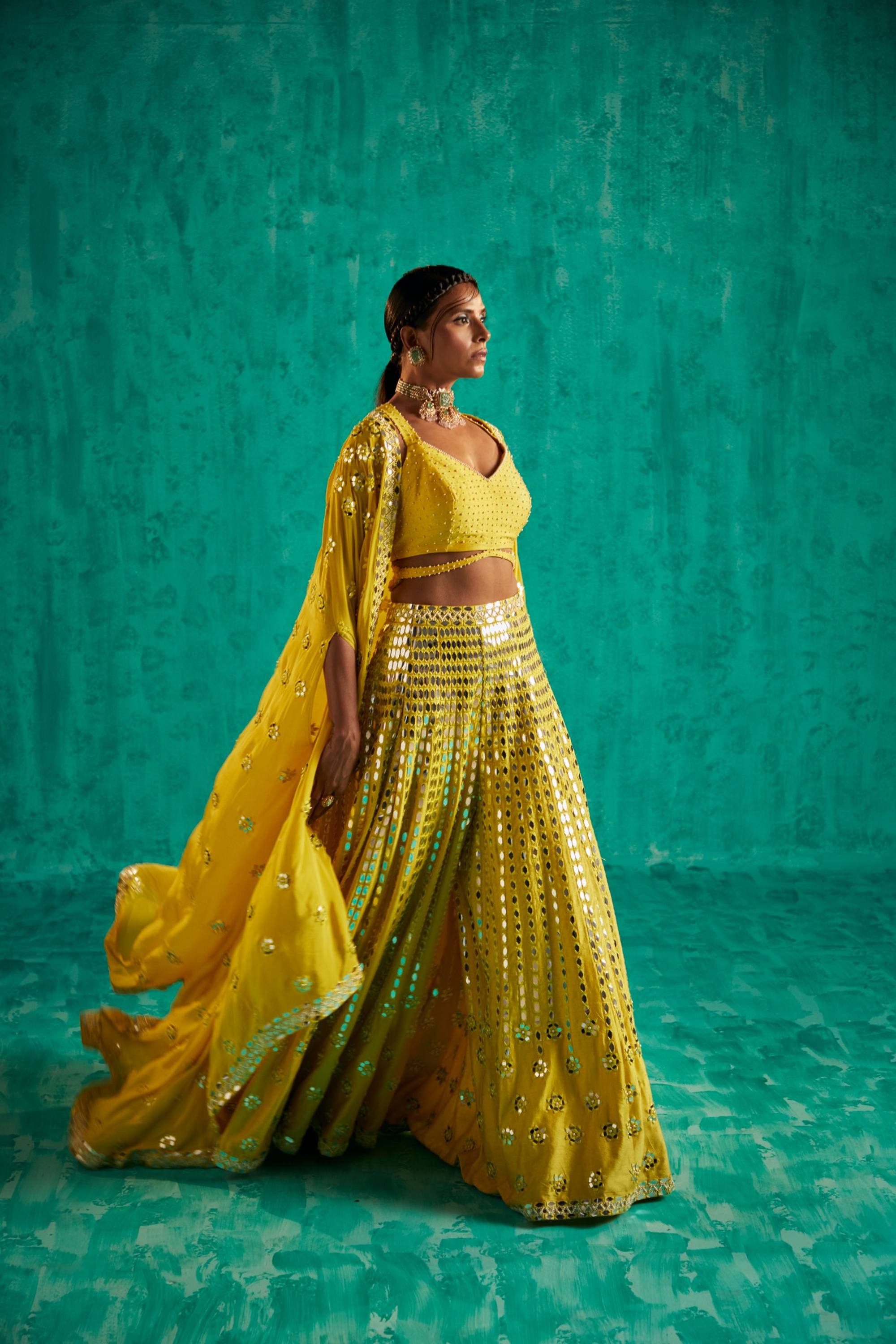 STRIKING YELLOW SHARARA WITH CAPE OUTFIT. INTRICATELY EMBELLISHED WITH PATRA AND PEARLS - S317
