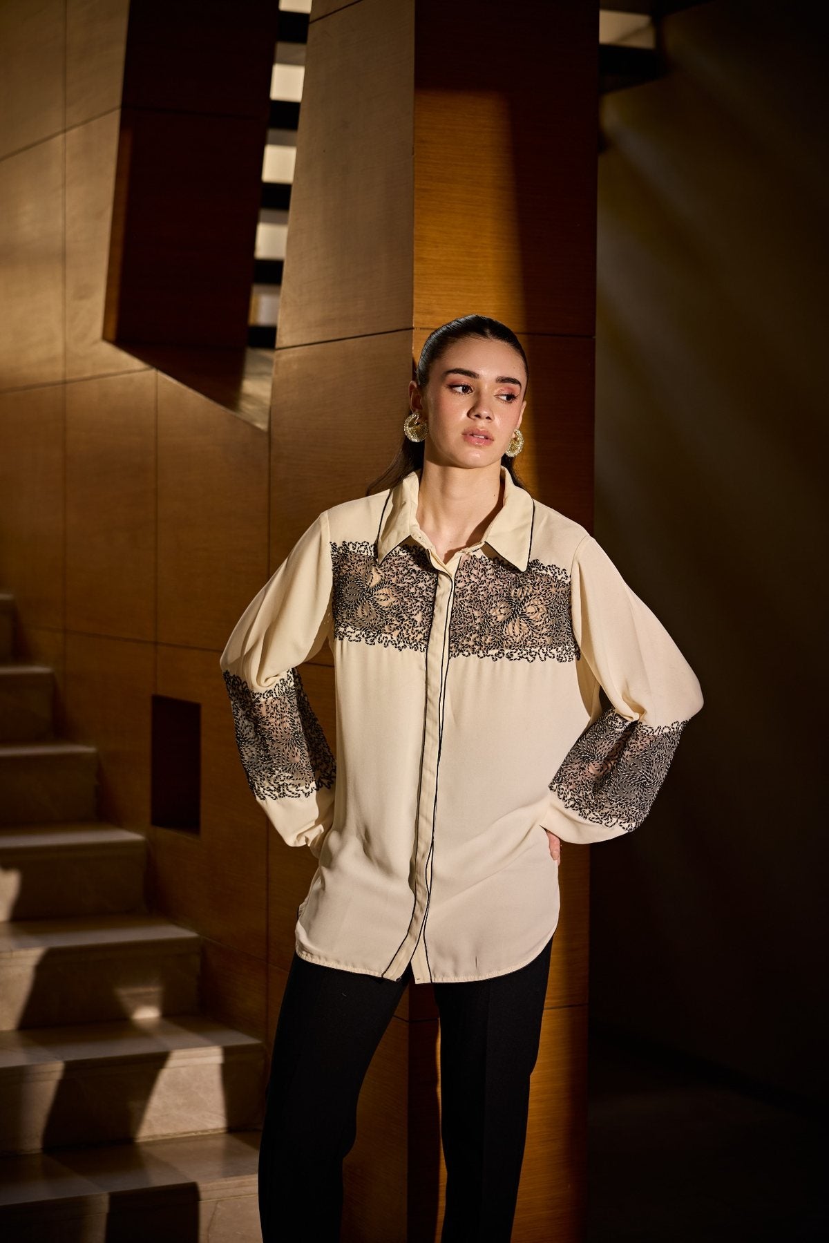 CREAM INTERLACED WORK SHIRT