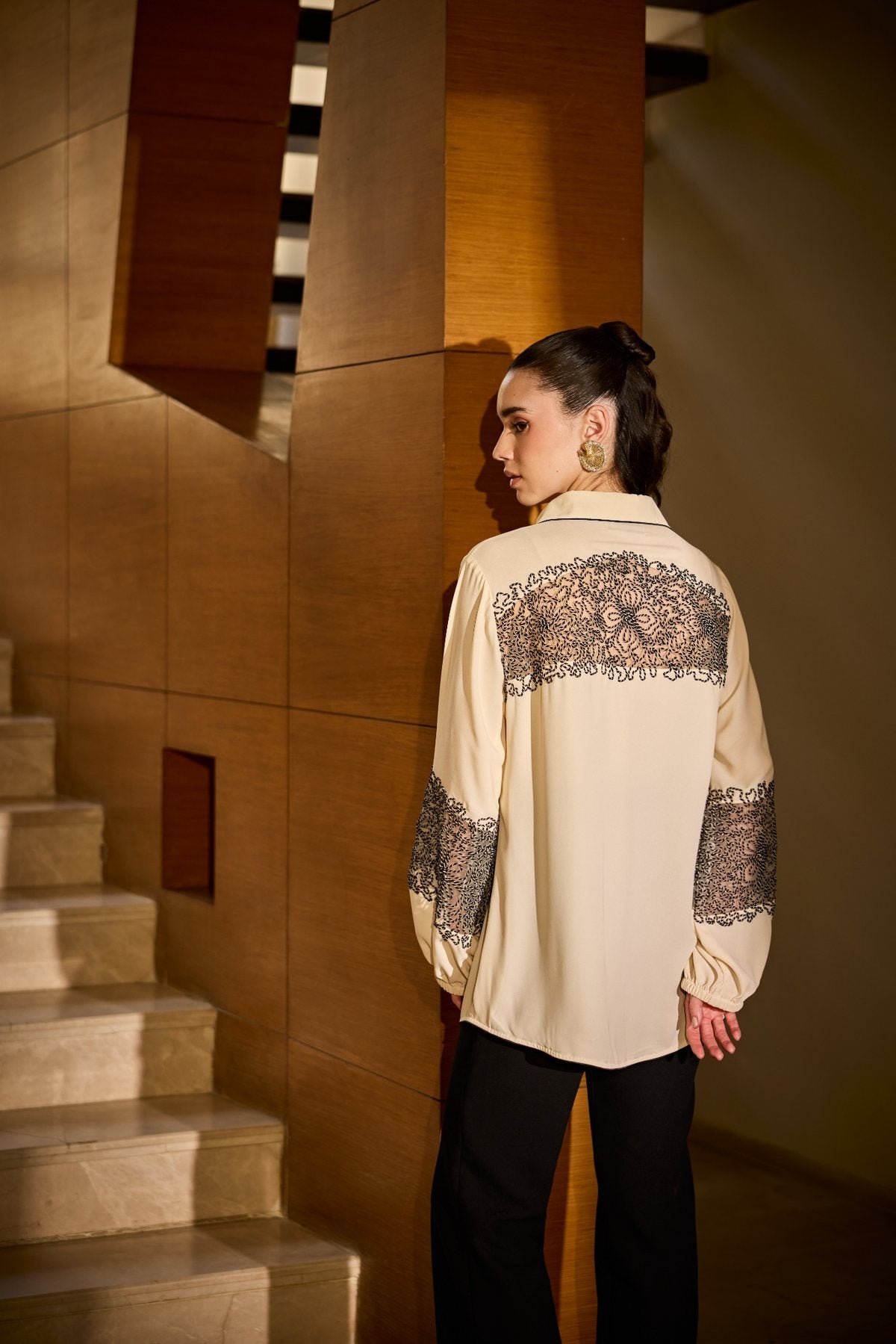 CREAM INTERLACED WORK SHIRT