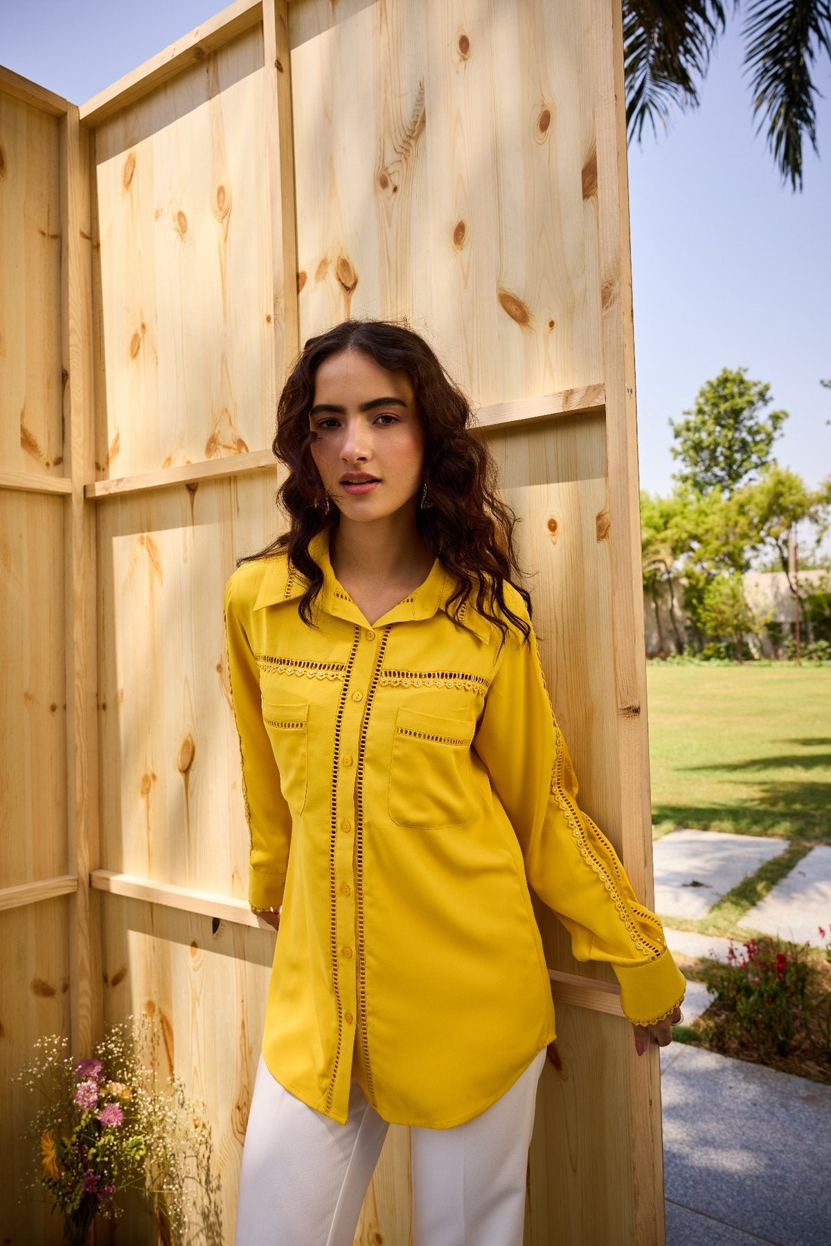 YELLOW HOOP LACE EMBELLSHMENT SHIRT