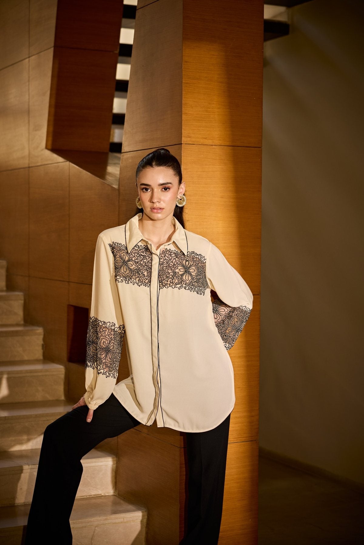CREAM INTERLACED WORK SHIRT