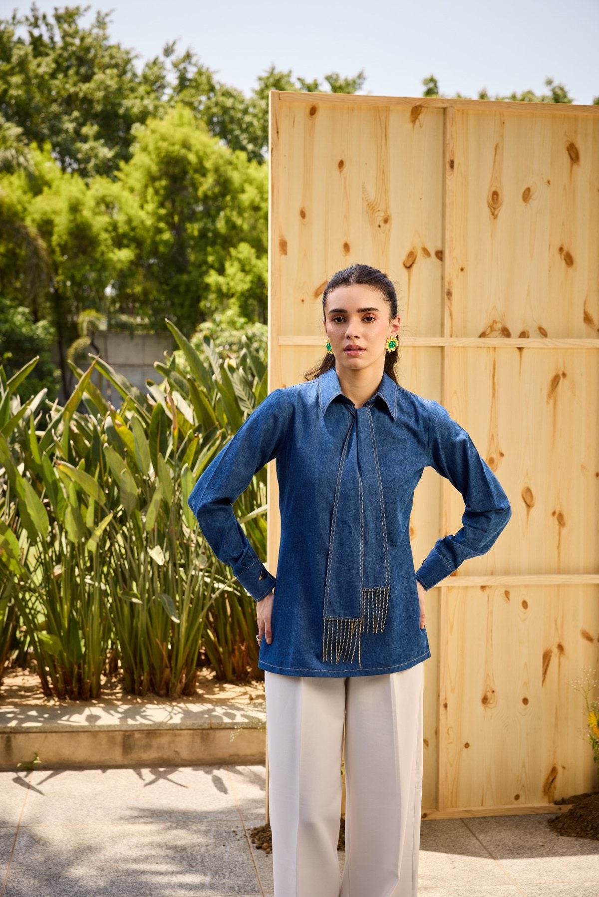 TASSEL TIE DAINTY DENIM TOP