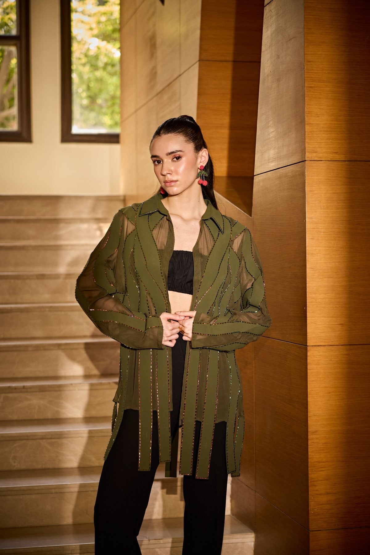 OLIVE PANEL ADORNMENT SHIRT