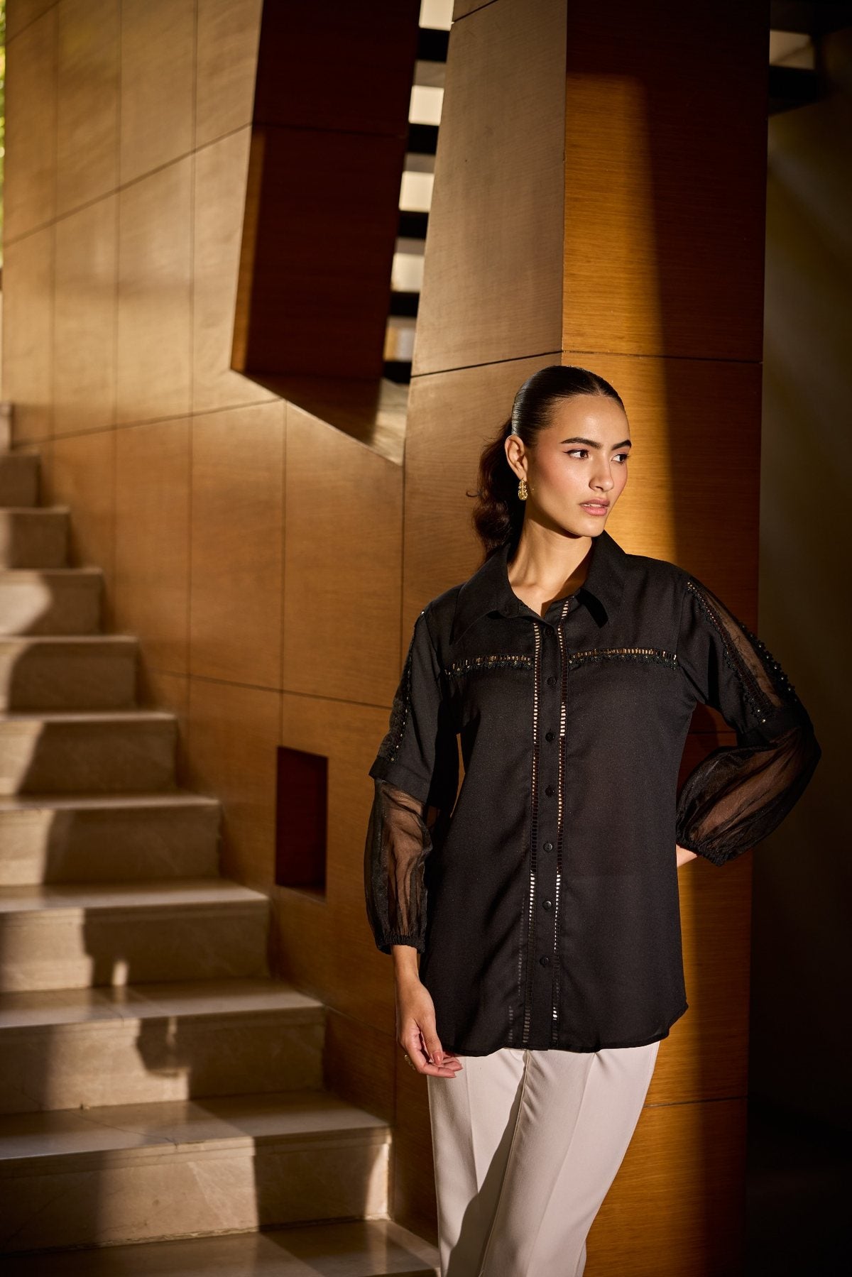 BLACK HOOP LACE EMBELLSHMENT SHIRT