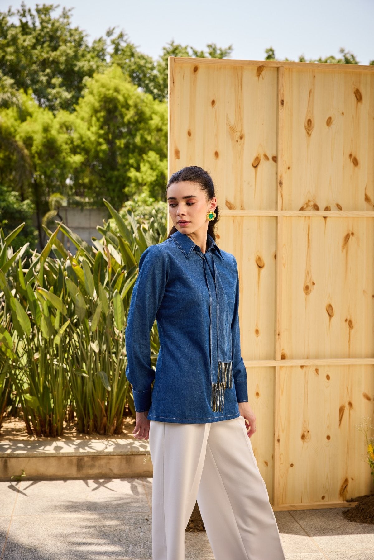 TASSEL TIE DAINTY DENIM TOP