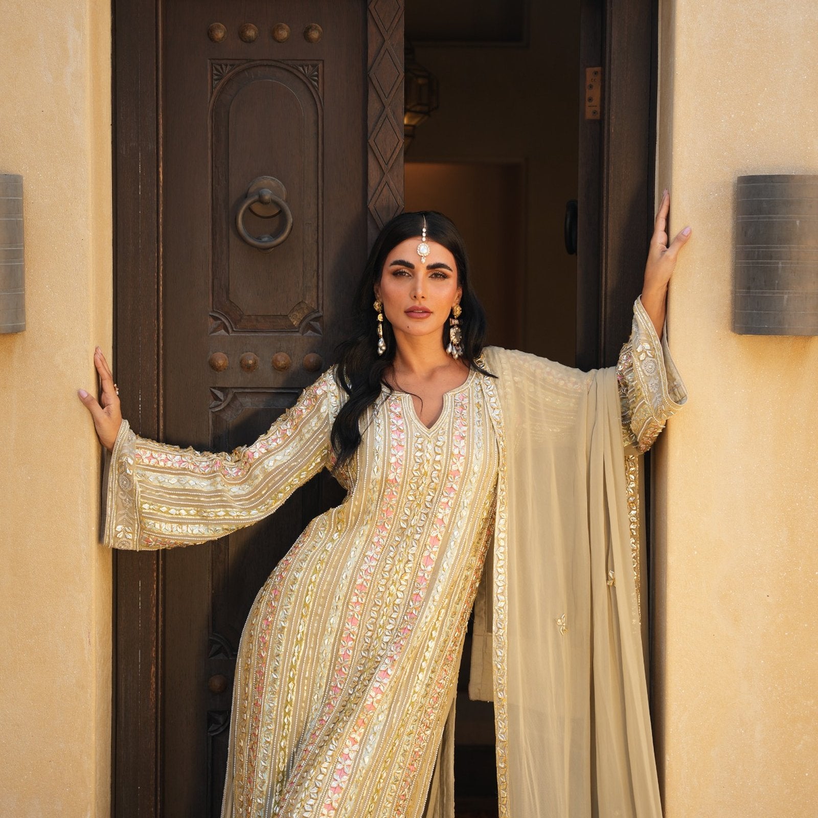 BEIGE MULTI-COLOUR PARISAA LONG KURTA SHARARA