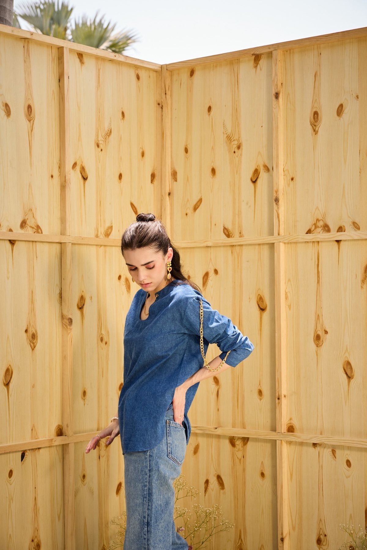 CLASSIC DAINTY DENIM SHIRT WITH CHAIN DETAILING