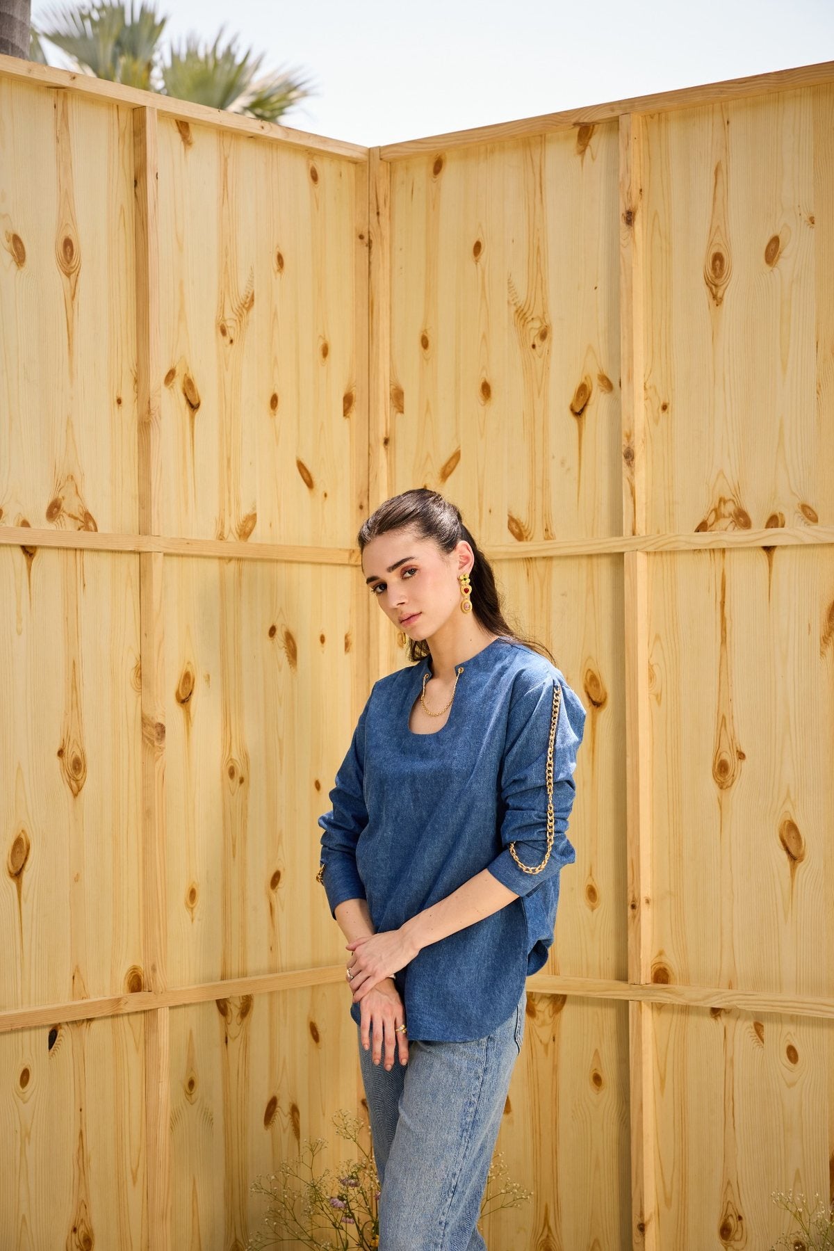 CLASSIC DAINTY DENIM SHIRT WITH CHAIN DETAILING