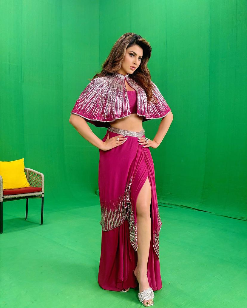 Urvashi Rutela in Ruby Red Cape & Skirt Set