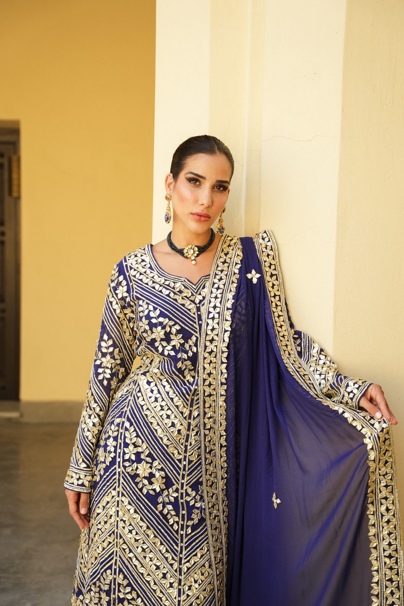 MIDNIGHT BLUE PARISAA LONG KURTA WITH SHARARA