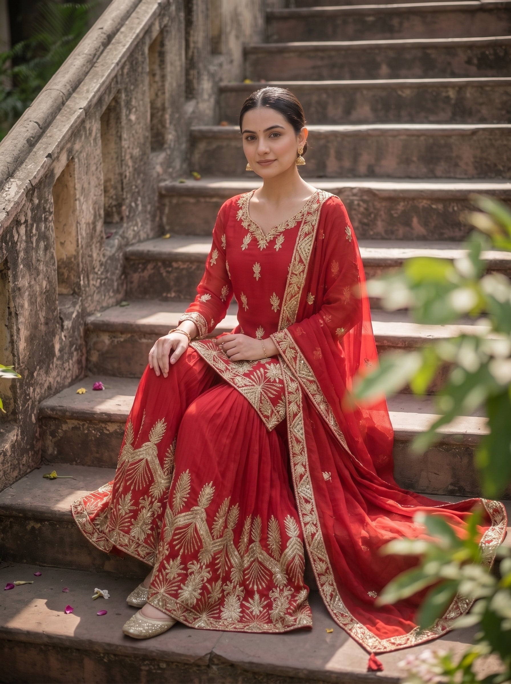 ROOHAB ROSE RED SHARARA SET