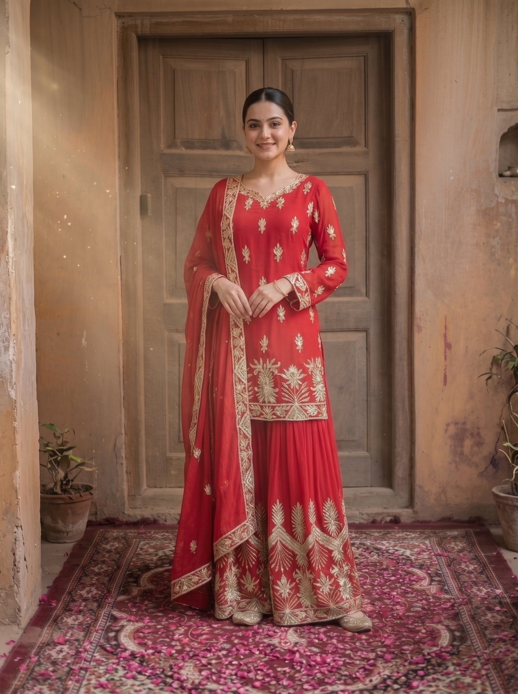 ROOHAB ROSE RED SHARARA SET