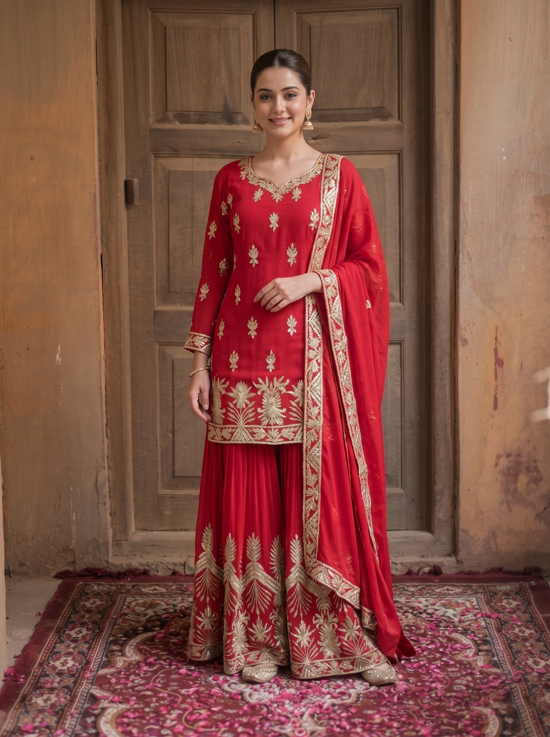 ROOHAB ROSE RED SHARARA SET
