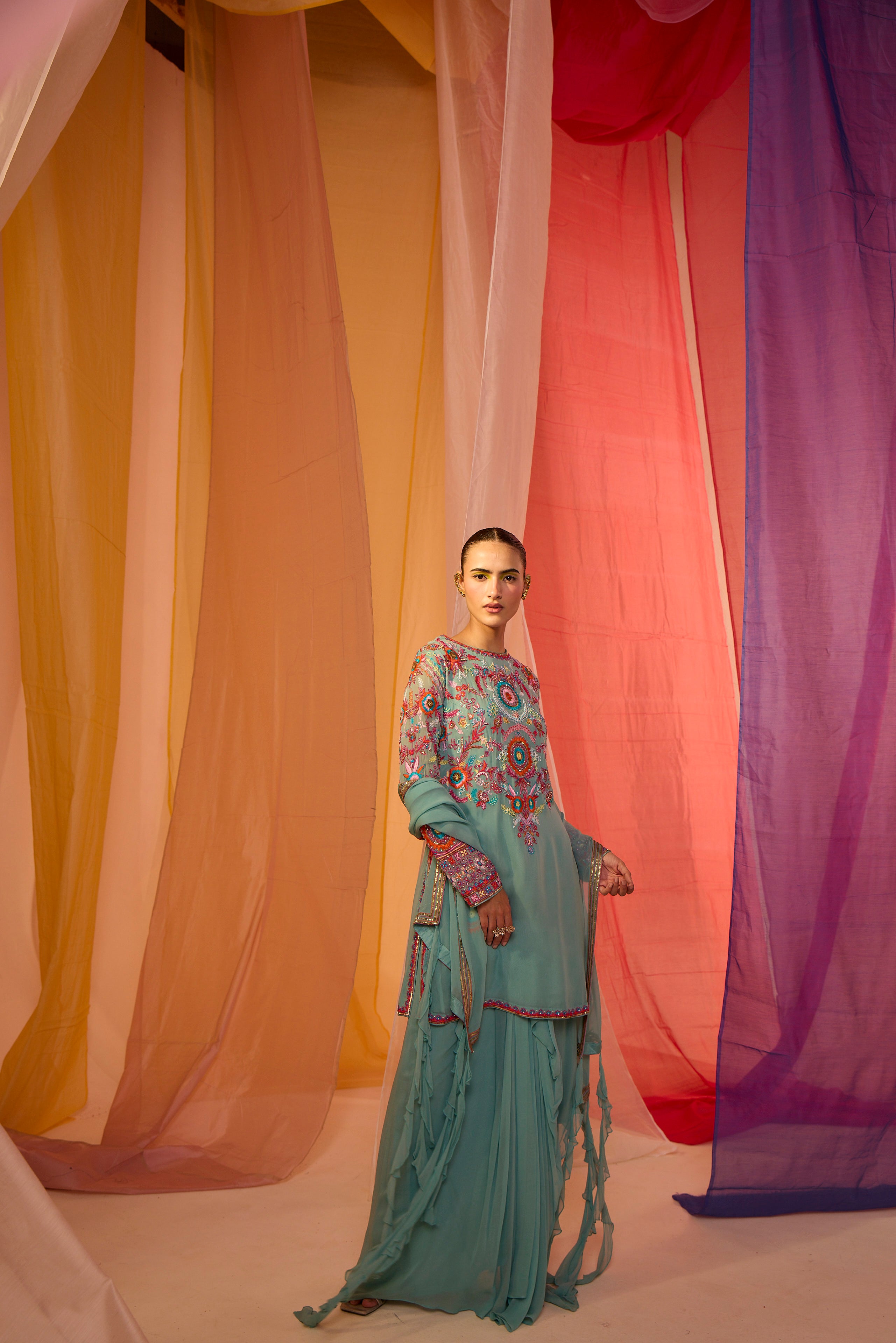 Multi Colour kurta with Drape Skirt & frill dupatta -  S394