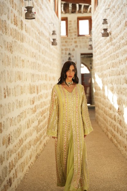 MINT GREEN MULTI-COLOUR PARISAA LONG JACKET WITH DRAPE SKIRT