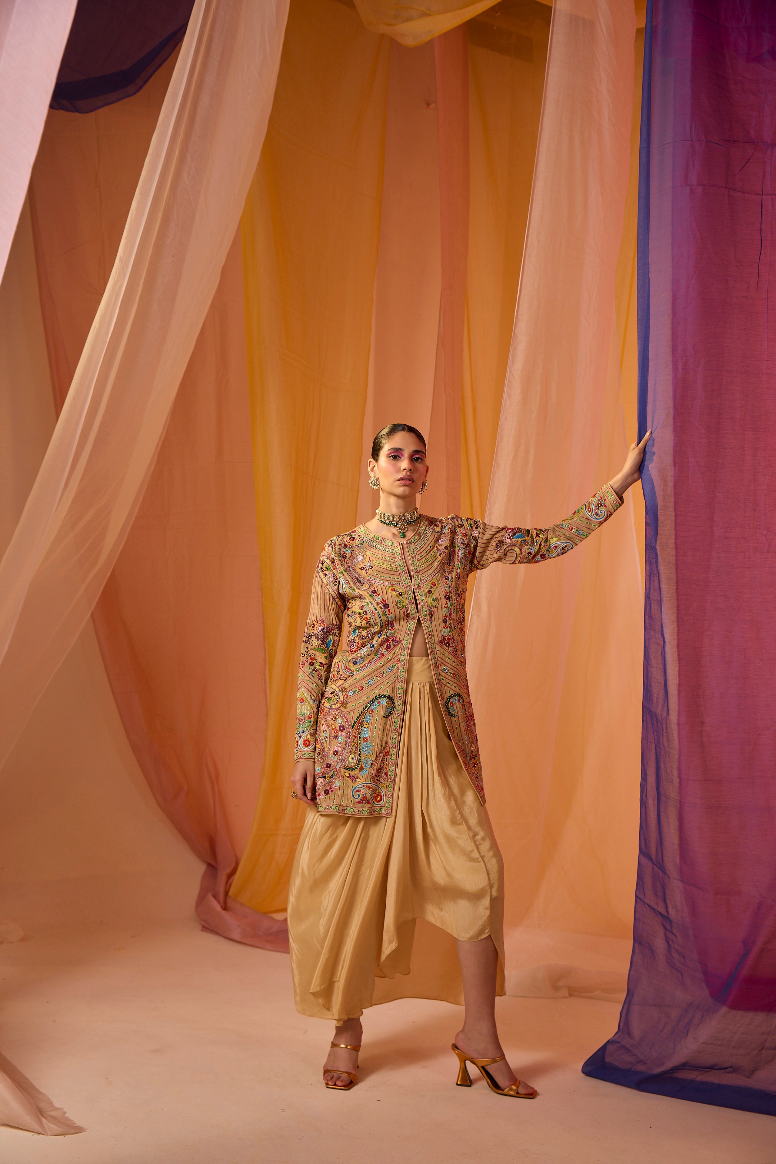 Multi Colour Jacket with Drape Skirt - S392