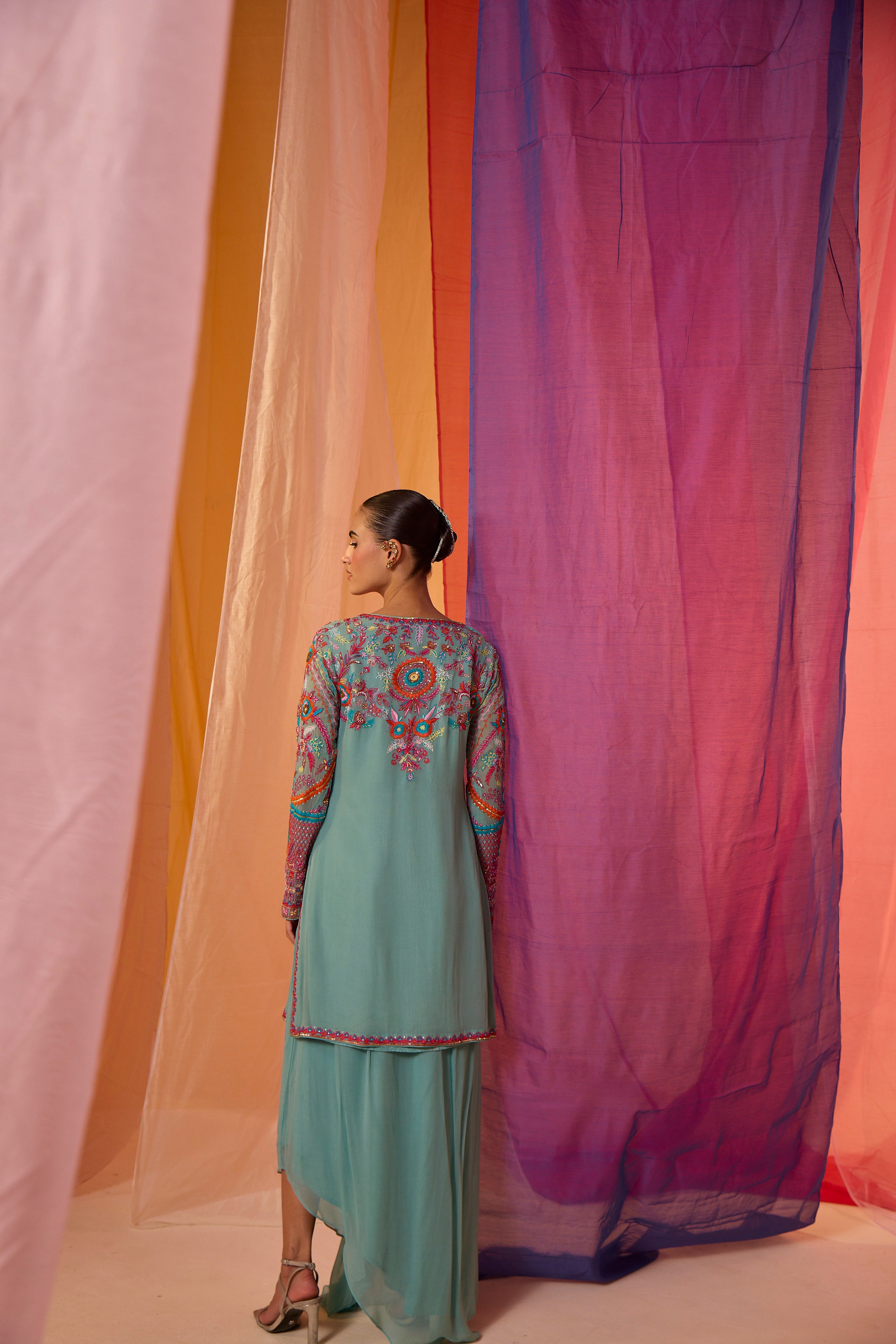 Multi Colour kurta with Drape Skirt & frill dupatta -  S394