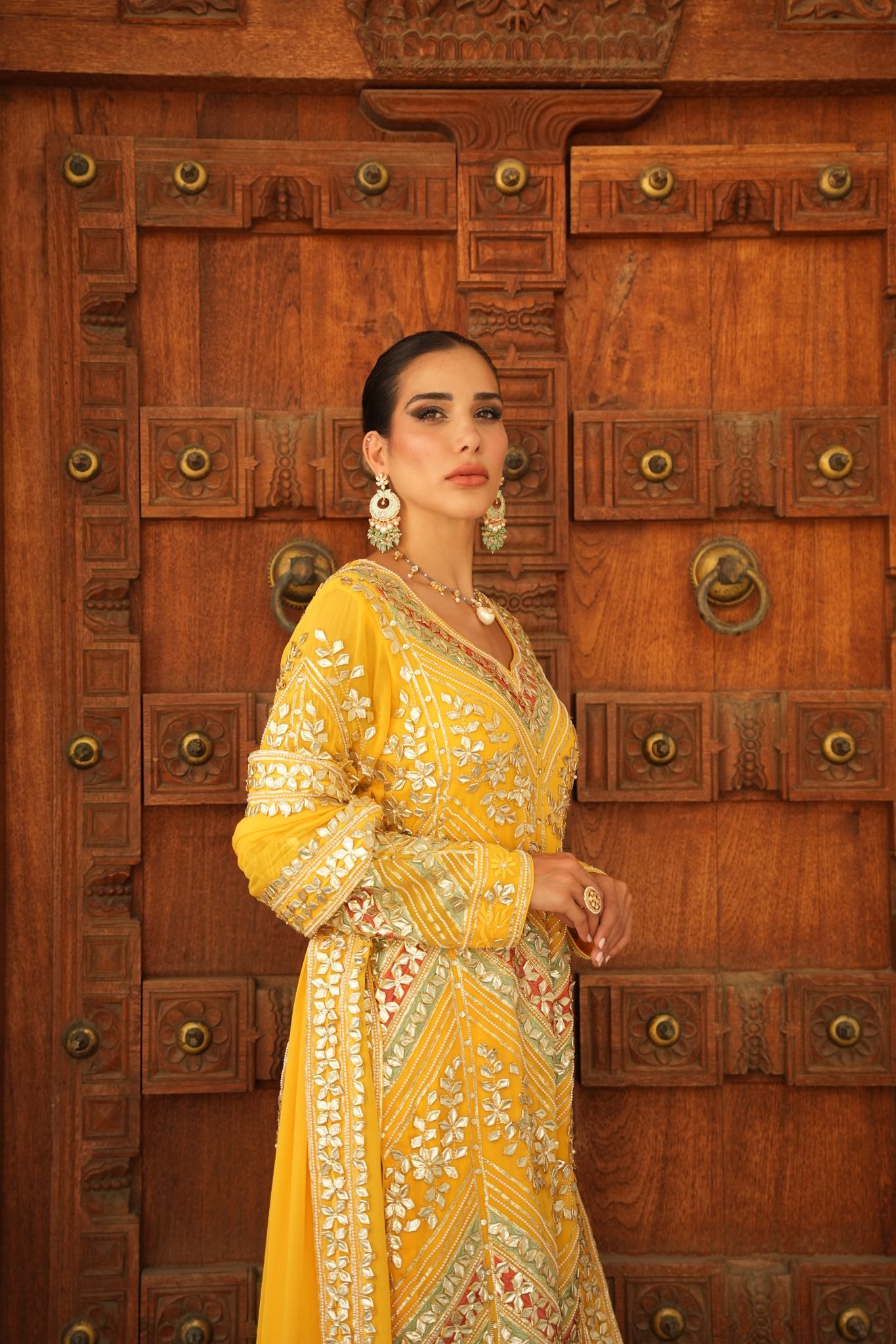 VIBRANT YELLOW PARISAA LONG KURTA WITH SHARARA (ORANGE & GREEN DETAILS)