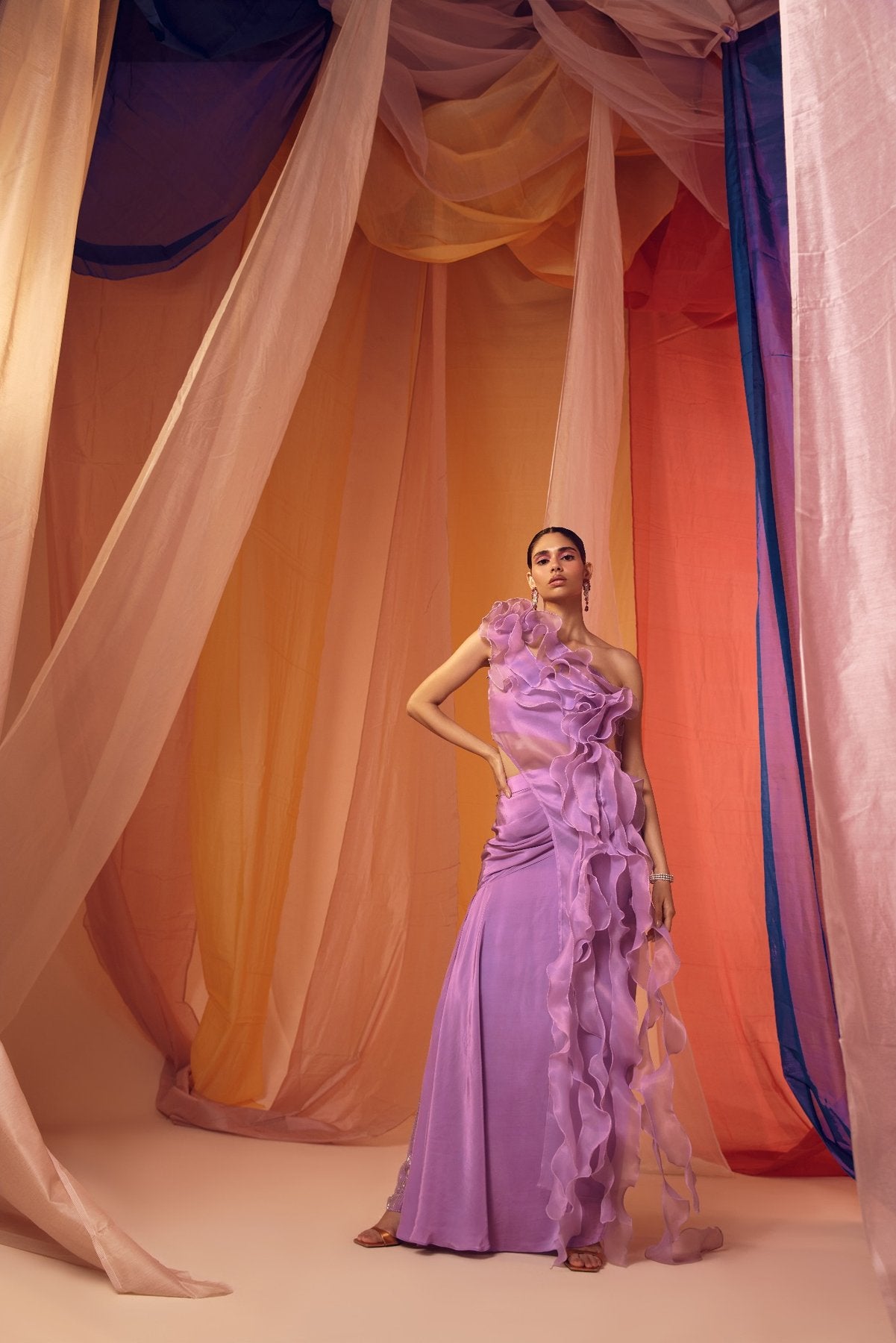 LAVENDER ASSYMETRICAL DRAPE TOP WITH CRYSTAL EMBELLISHED SKIRT AND BUSTIER