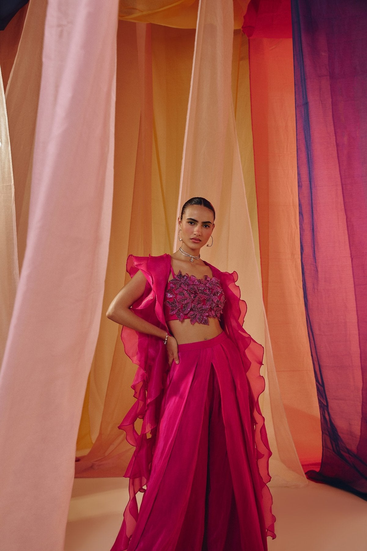 HOT PINK 3D EMBROIDERED BLOUSE WITH RUFFLE CAPE AND DRAPE PANTS