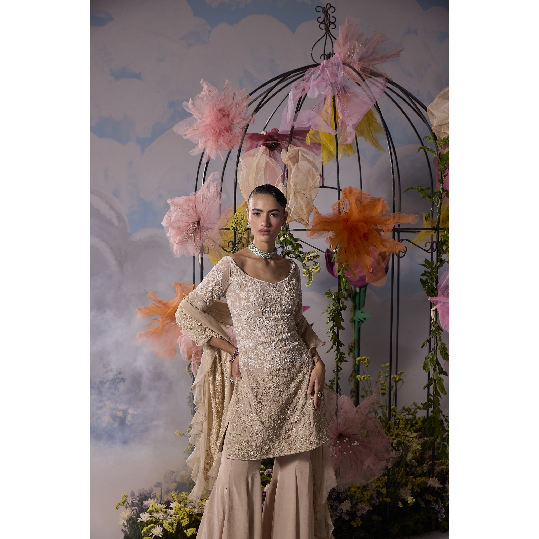 Yellowish Cream dori embroidery kurta and pants with frill dupatta