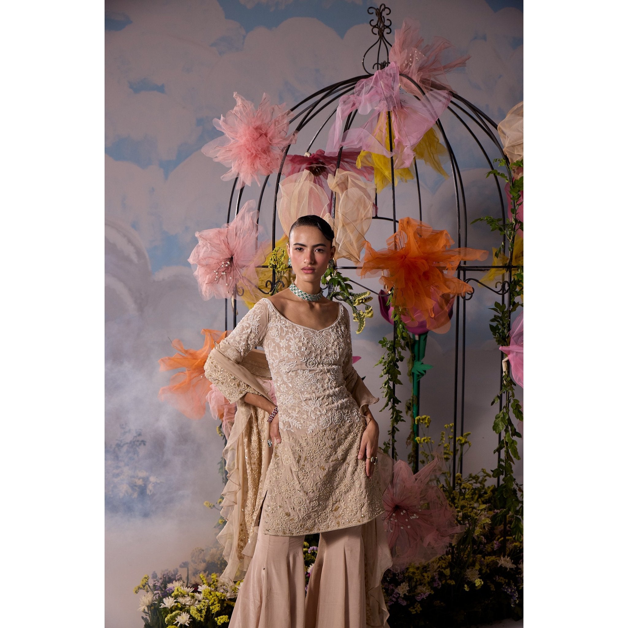 Beige thread dori embroidery kurta with sharara and dupatta