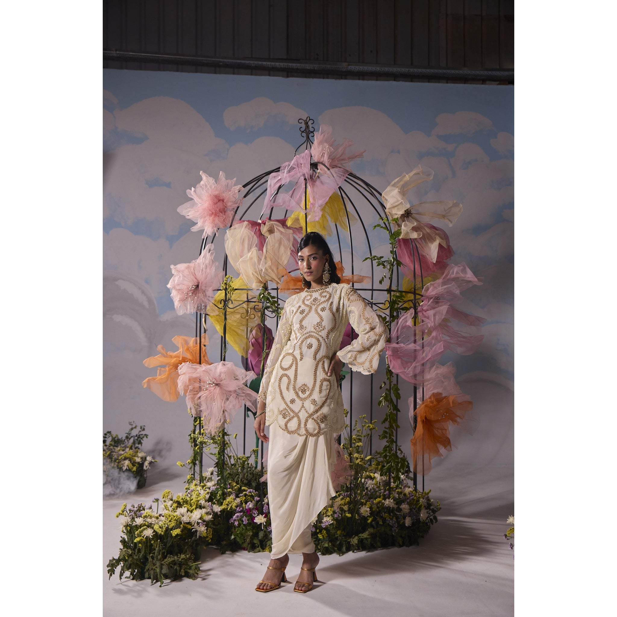 ivory beige dori embroidery kurta with drape skirt