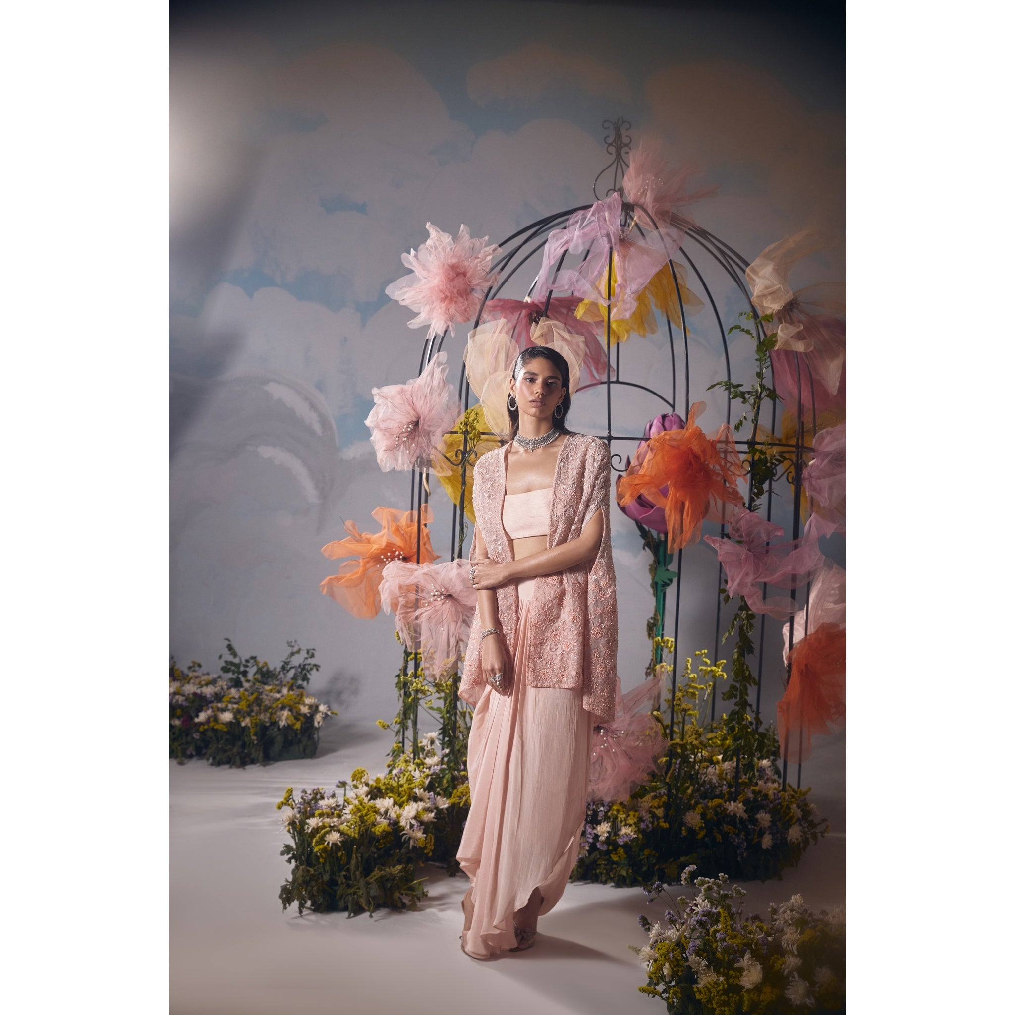 Peach dori self embroidery cape with drape skirt and bustier