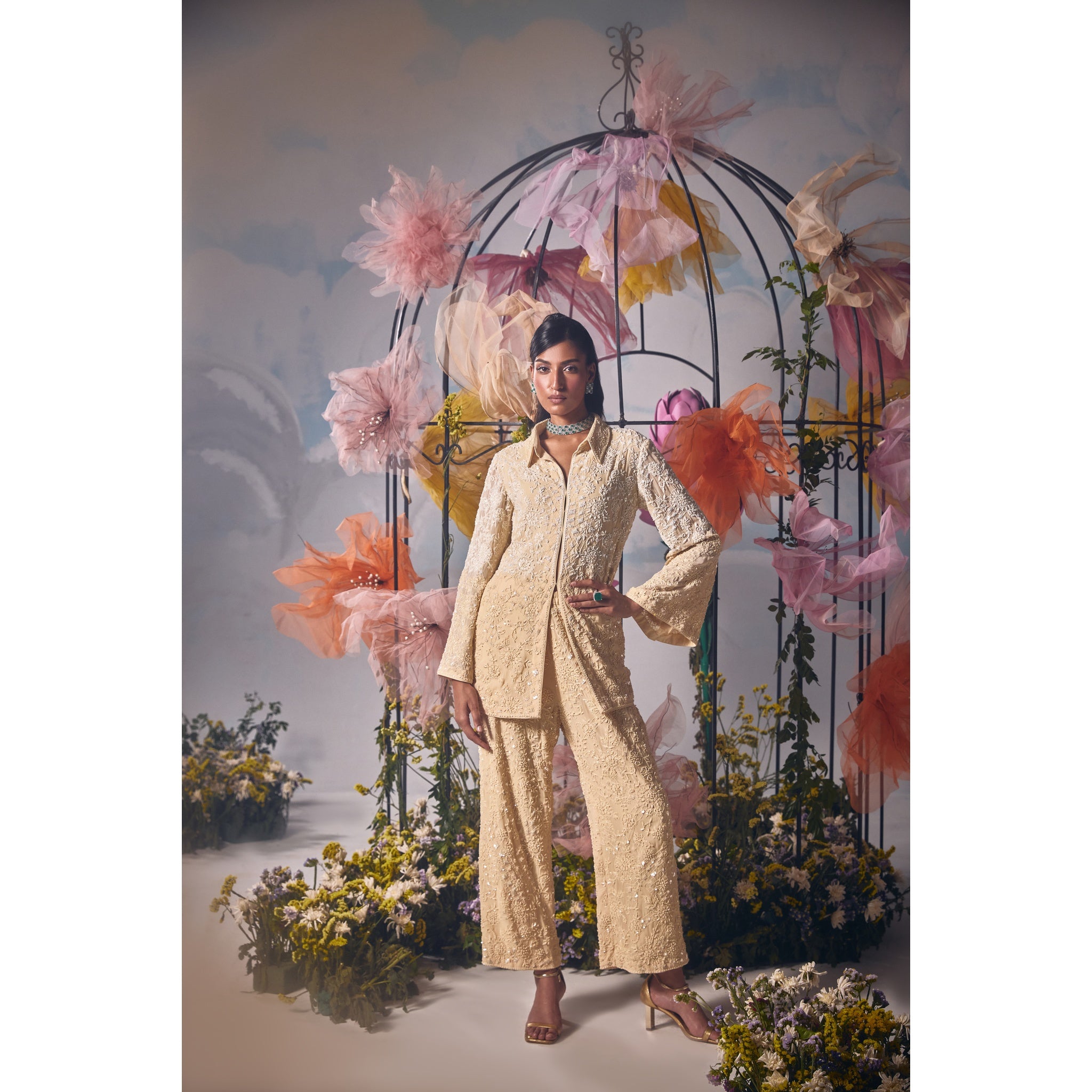 Eggshell dori self tone fully embroidery jacket with pants
